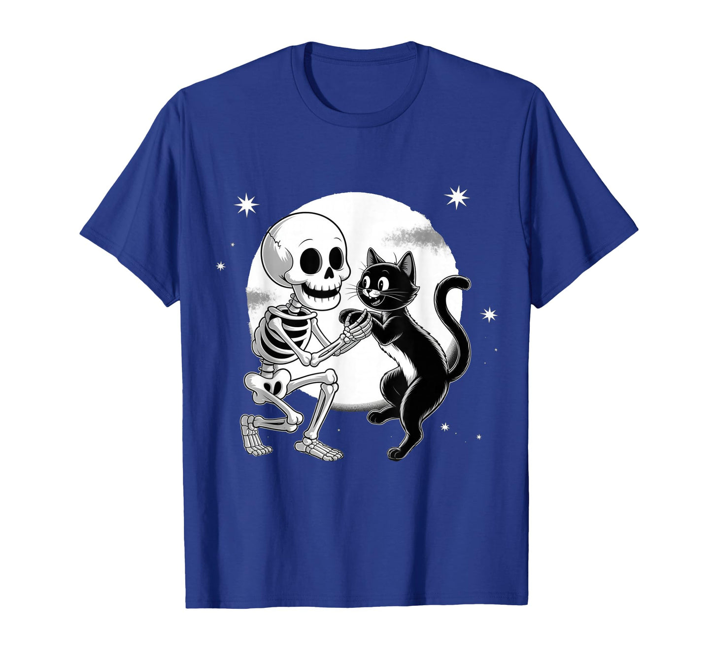 Skeleton Hugging Black Cat Under Full Moon Halloween T-Shirt