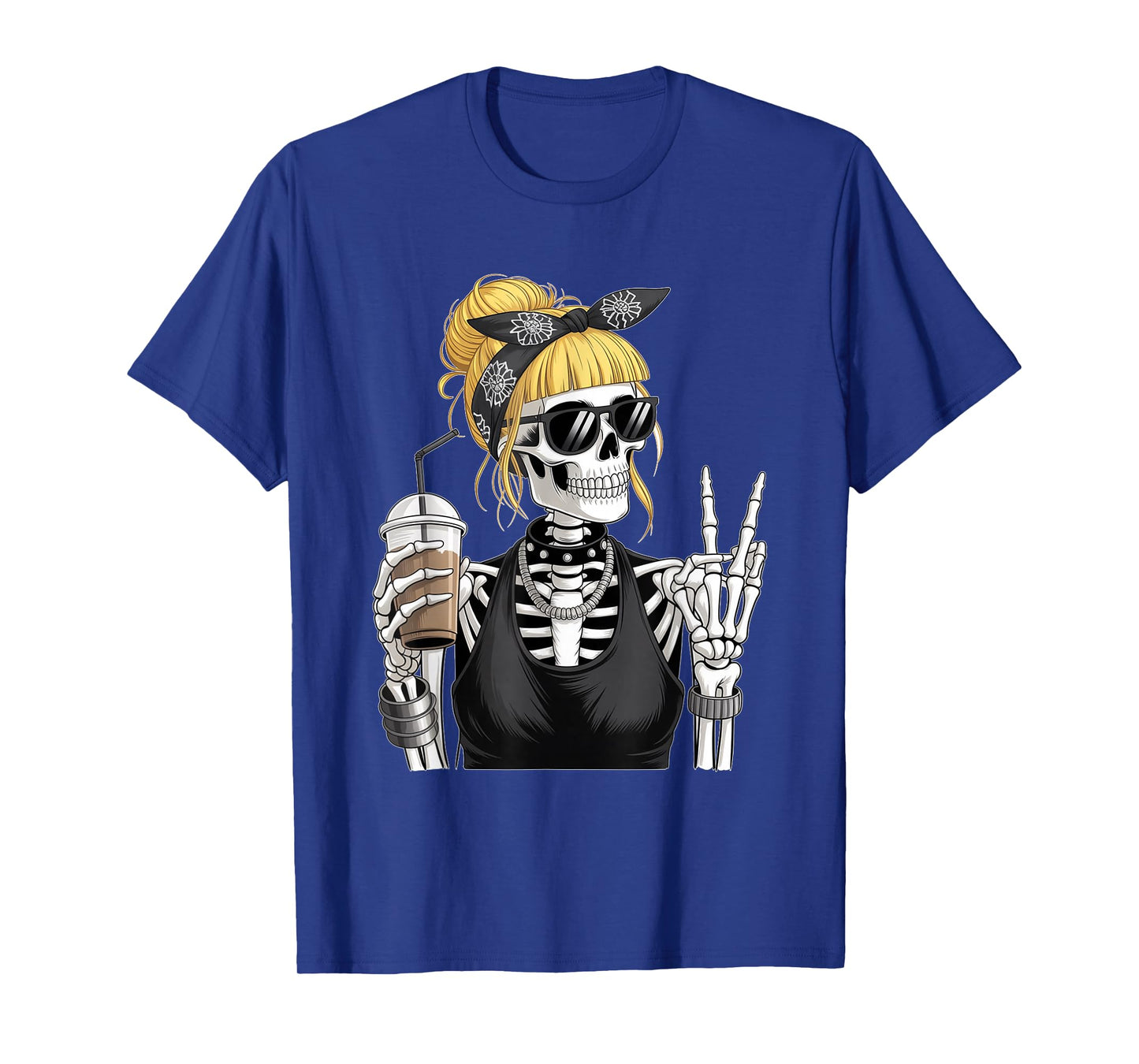 Skeleton Girl Drinking Coffee Peace Sign Graphic for Women T-Shirt