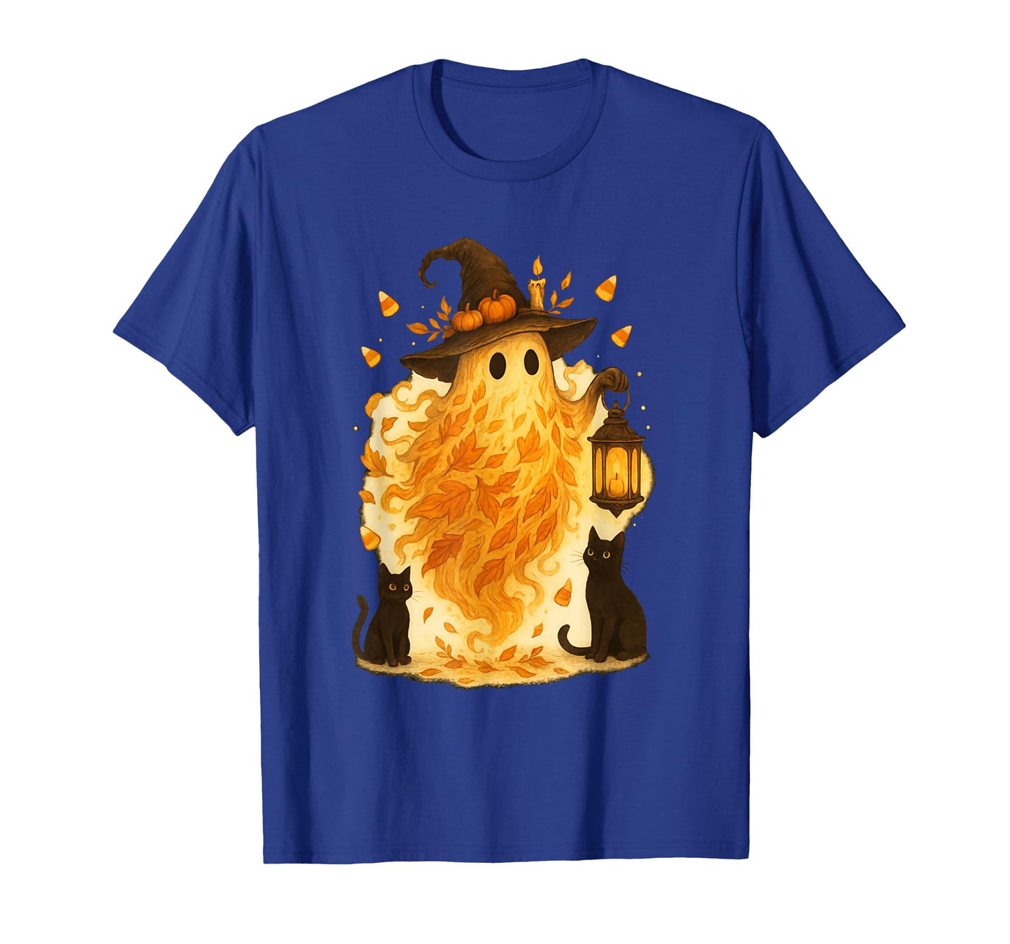 Halloween Witch Hat Ghost and Black Cat Groovy Floral Autumn T-Shirt