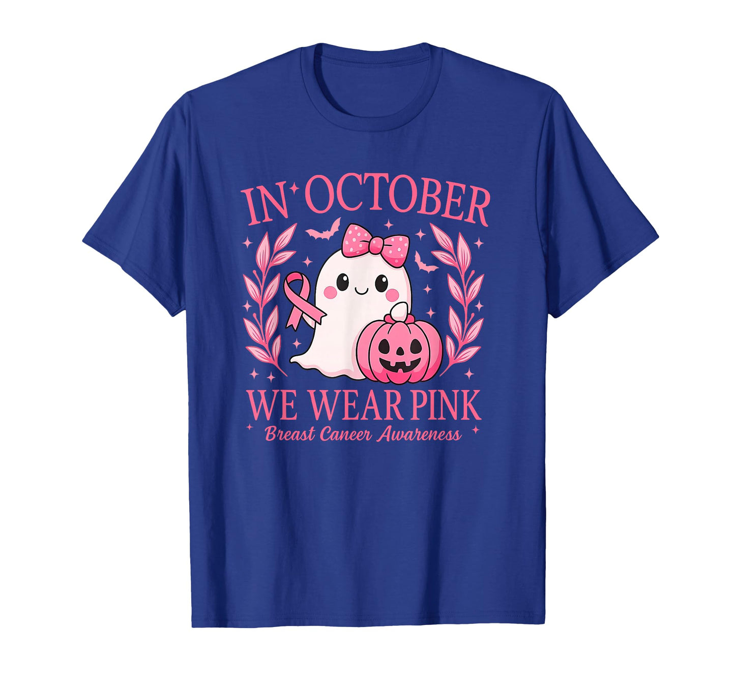 in October We Wear Pink Ghost Witch Breast Cancer Awareness T-Shirt