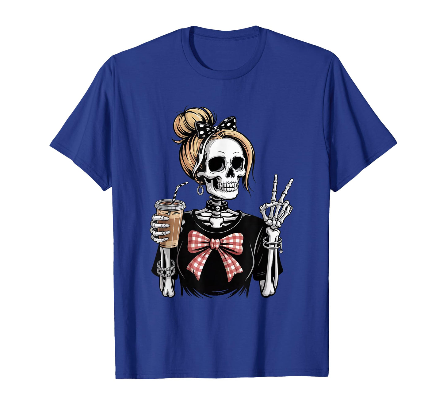 Skeleton Girl Drinking Coffee Peace Sign Graphic for Women T-Shirt