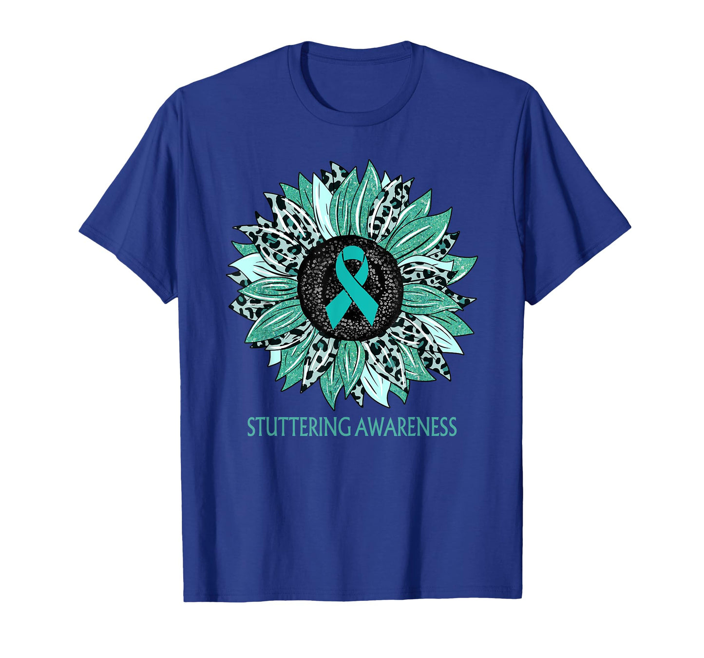 Leopard Sunflower Stuttering Awareness Teal Ribbon T-Shirt