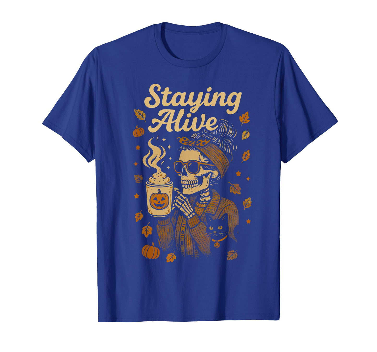 Staying Alive Skeleton Coffee Lover Retro Halloween T-Shirt