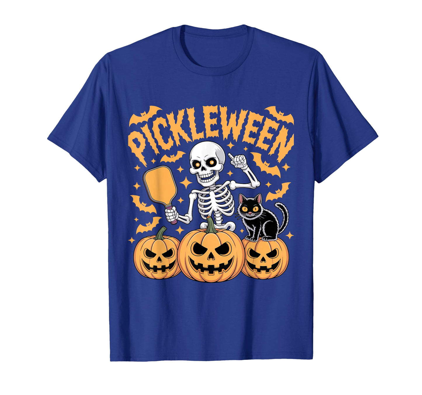 Pickleween Skeleton Cat Pumpkin Funny Halloween Pickleball T-Shirt