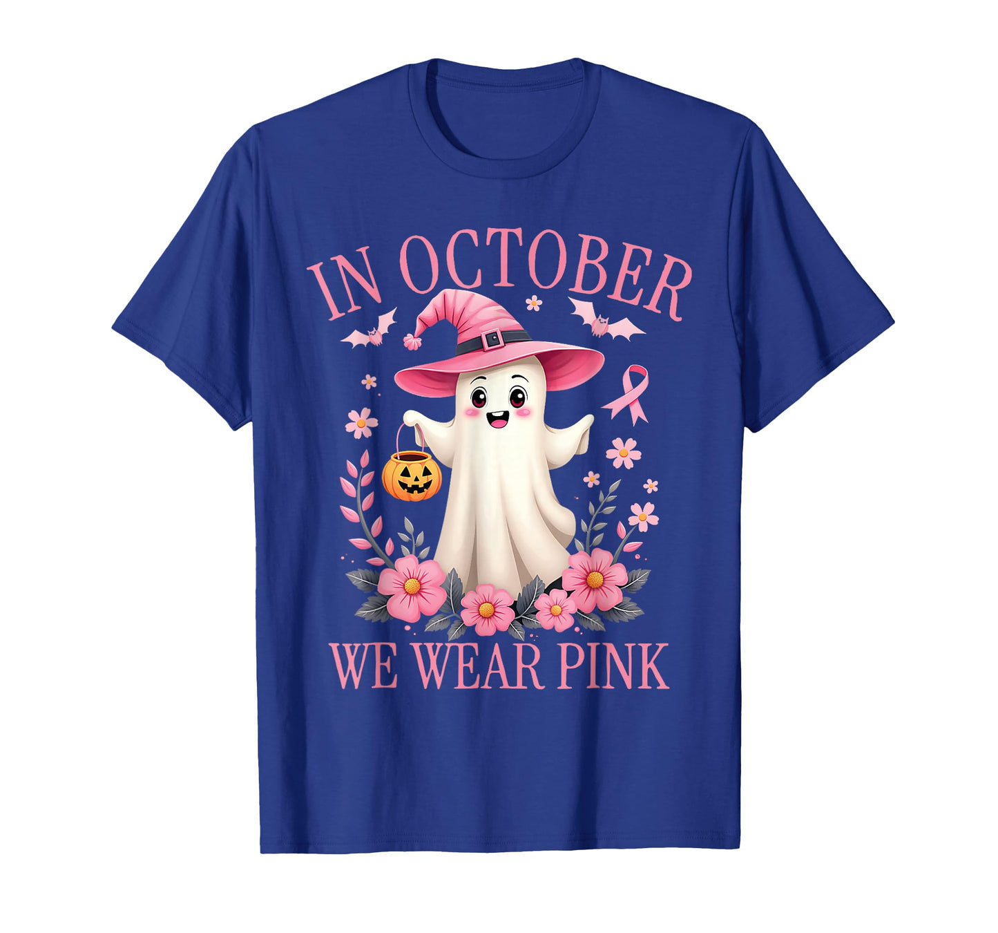 in October We Wear Pink Ghost Witch Breast Cancer Awareness T-Shirt