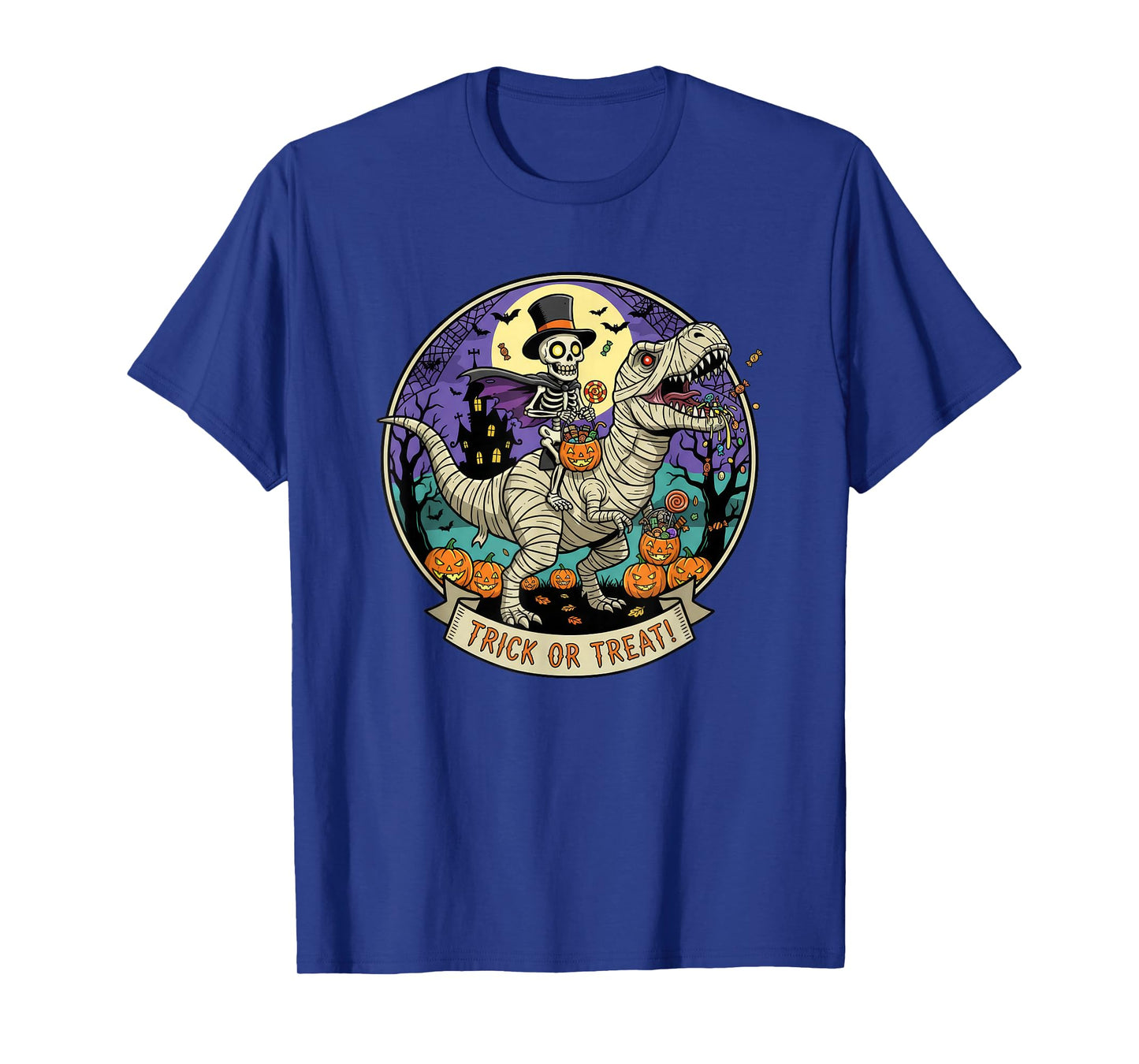 Skeleton Riding a Mummy Dinosaur Funny Halloween Pumpkin T-Shirt