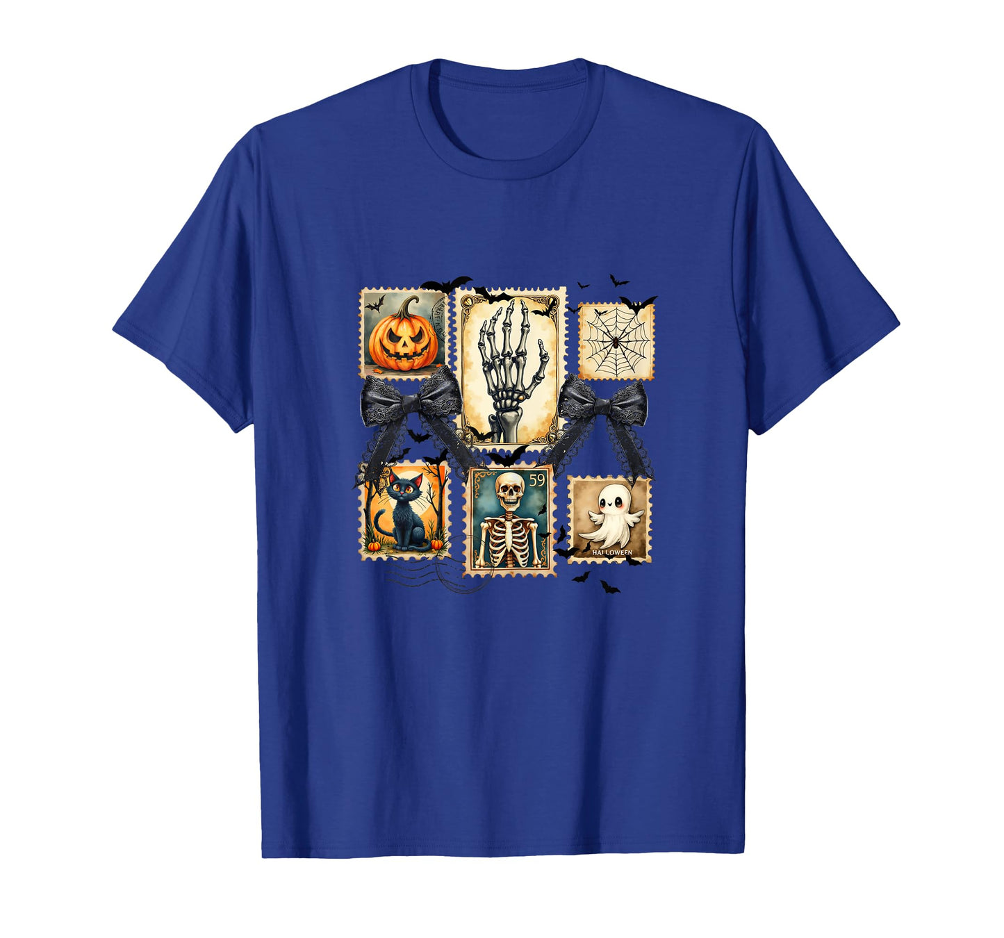 Vintage Halloween Skeleton Cat Ghost Pumpkin Art T-Shirt