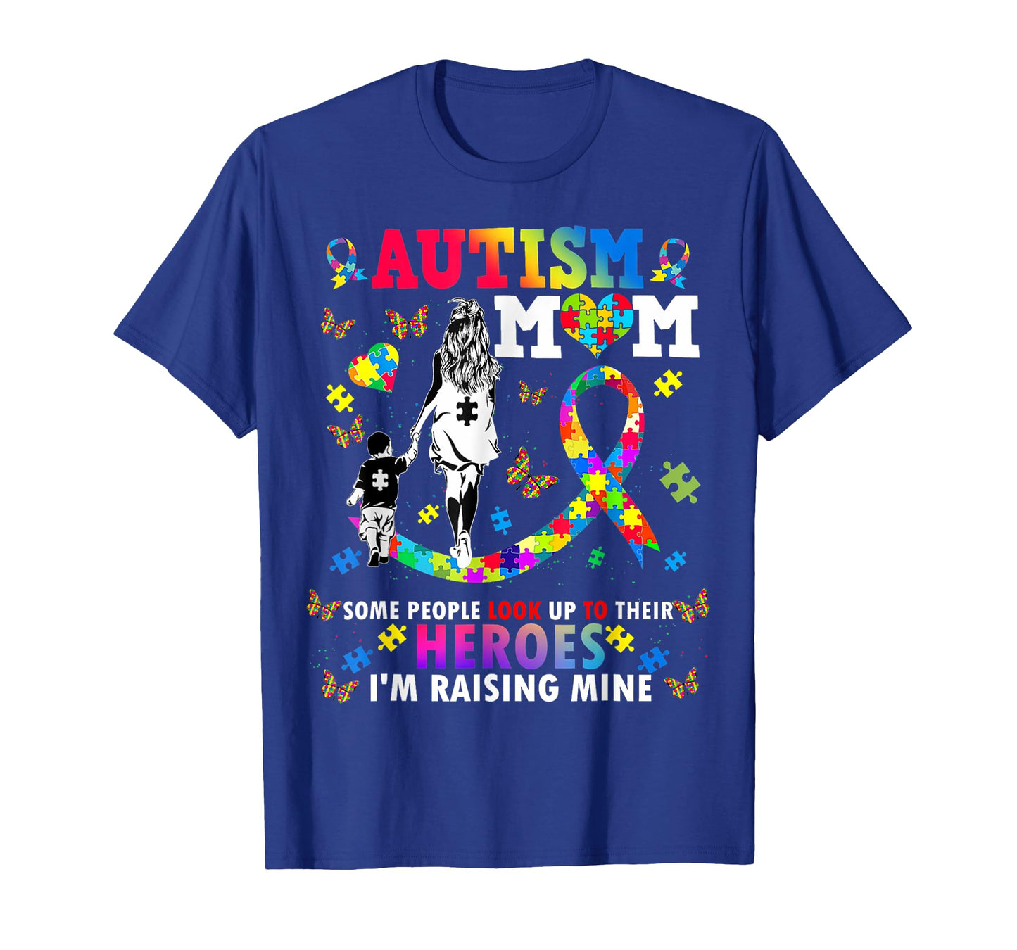 Autism Mom Raising Hero Groovy Heart Puzzle Autism Awareness T-Shirt