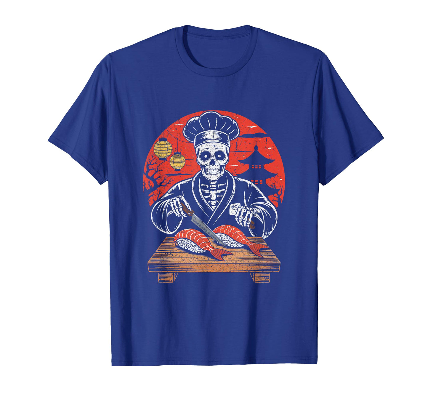 Skeleton Sushi Chef Cutting Salmon Halloween T-Shirt