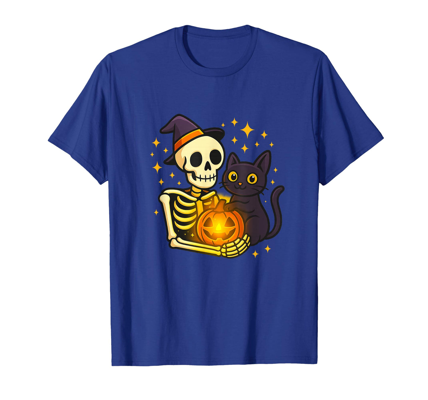 Cute Skeleton Hugging Cat & Pumpkin Halloween T-Shirt