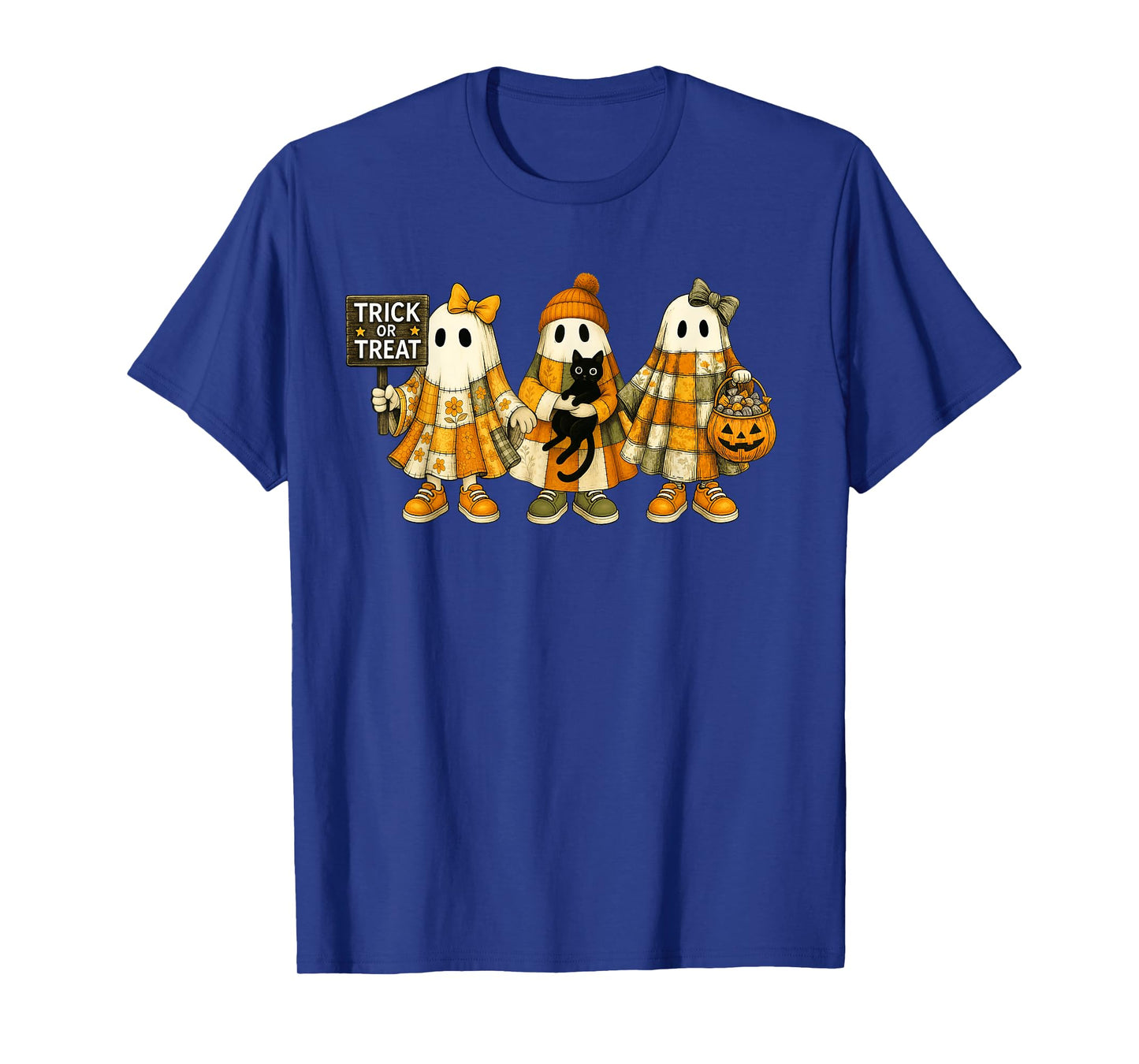 Trick Or Treat Retro Patchwork Ghost Pumpkin Halloween Kids T-Shirt