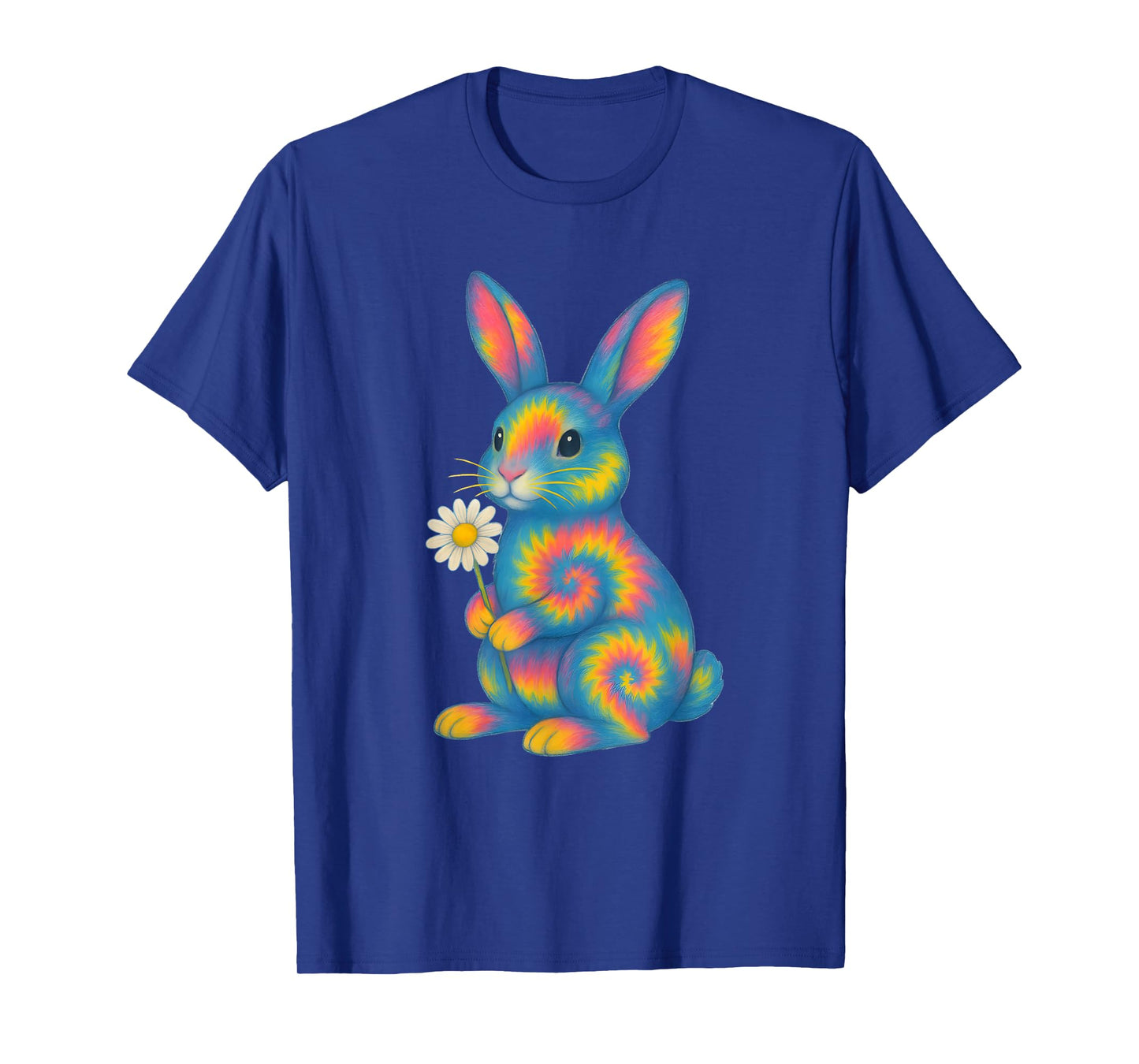 Colorful Tie Dye Bunny with Daisy Flower Illustration T-Shirt