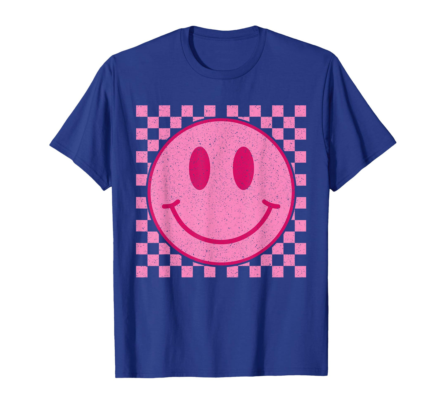 Retro Pink Happy Face Checkered Pattern Smile Face Trendy T-Shirt