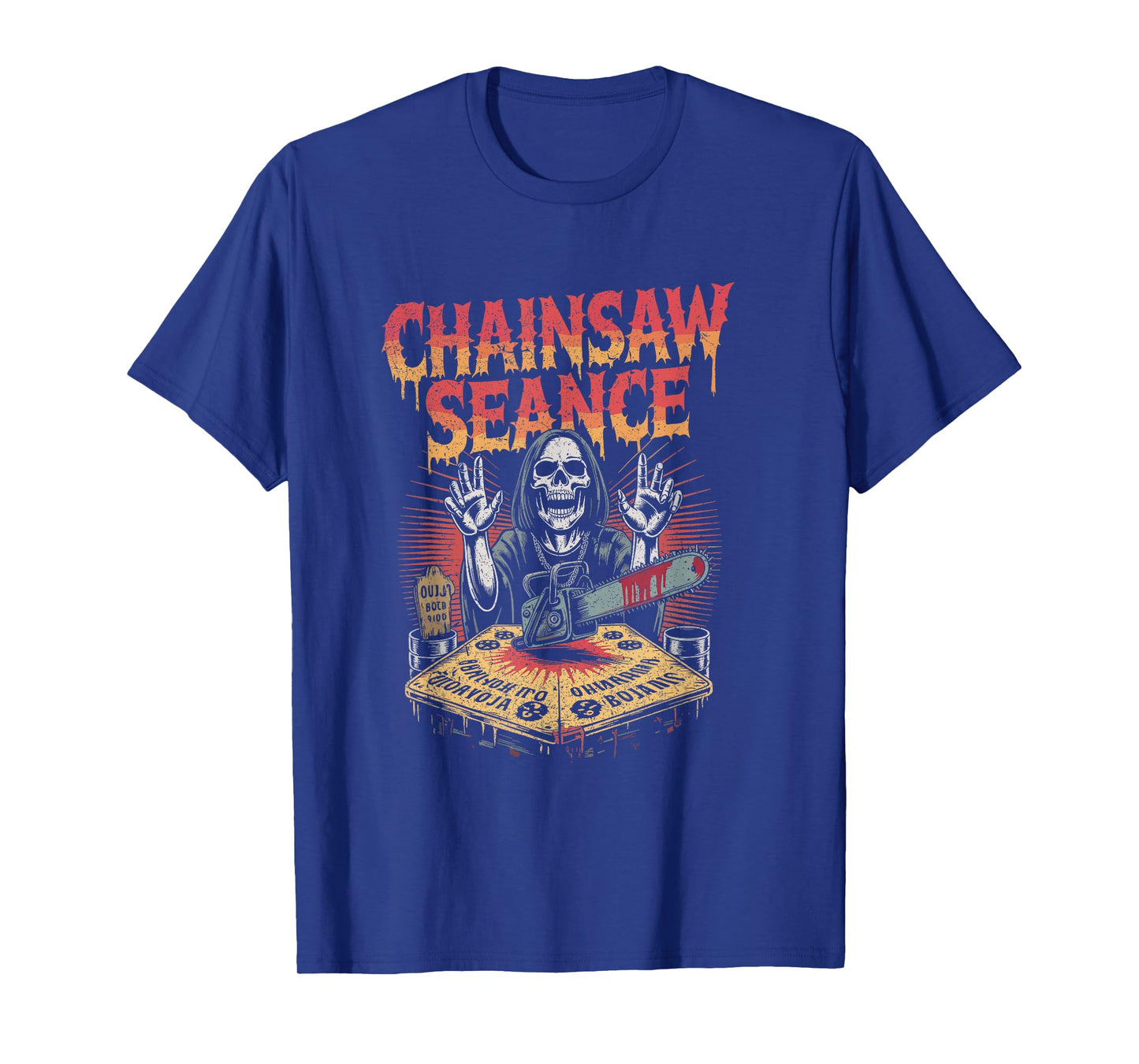 Skeleton Summoner at Ouija Table with Chainsaw Halloween T-Shirt