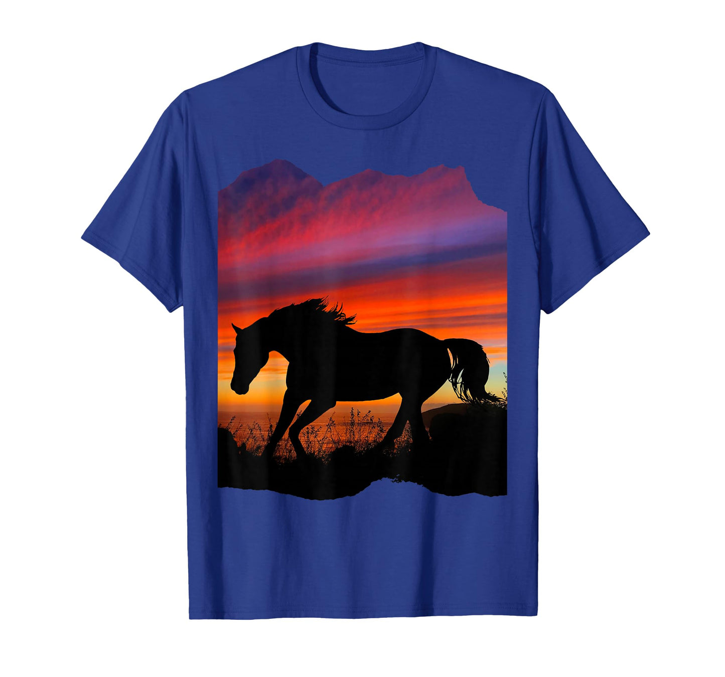 Beautiful Arabian horse sunset silhouette orange purple blue T-Shirt