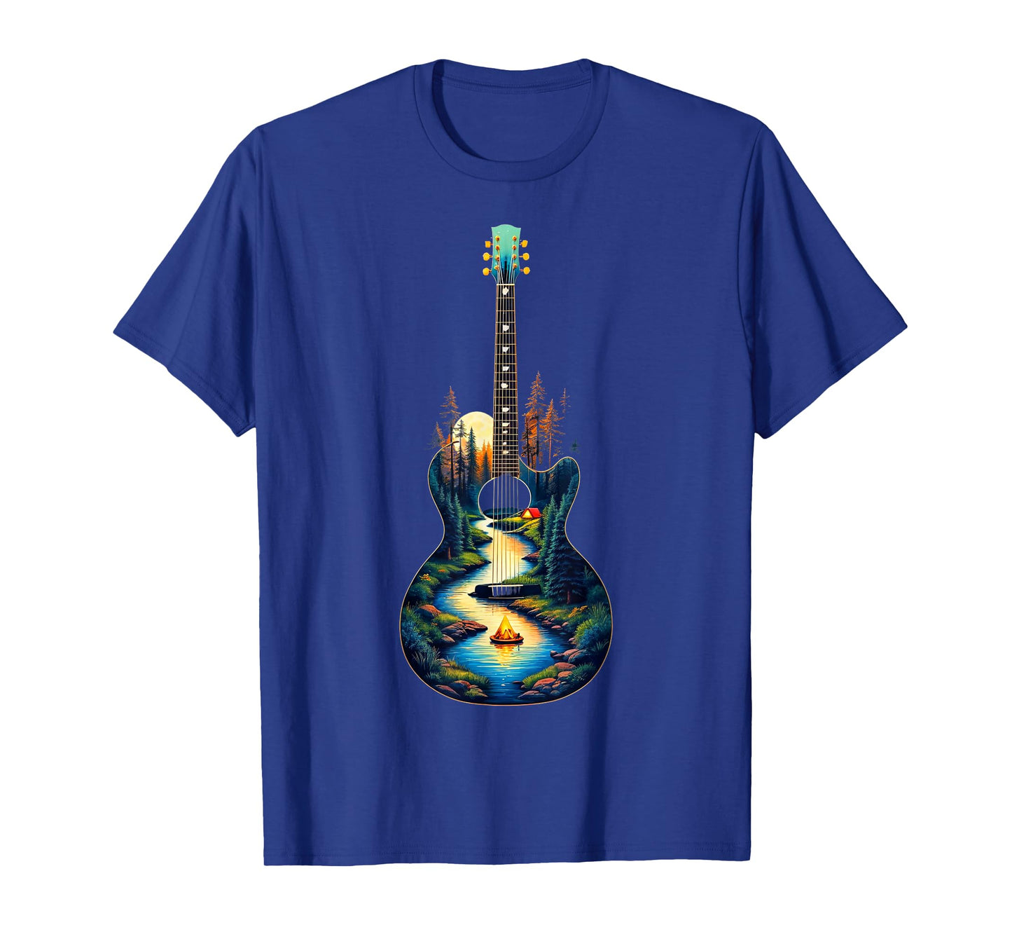 Guitar Lake Reflections Forest Pine Tree Moon Camp Guitarist T-Shirt