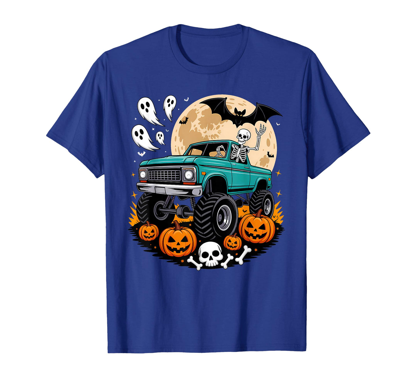Halloween Skeleton Monster Truck Driver Pumpkins Ghosts T-Shirt
