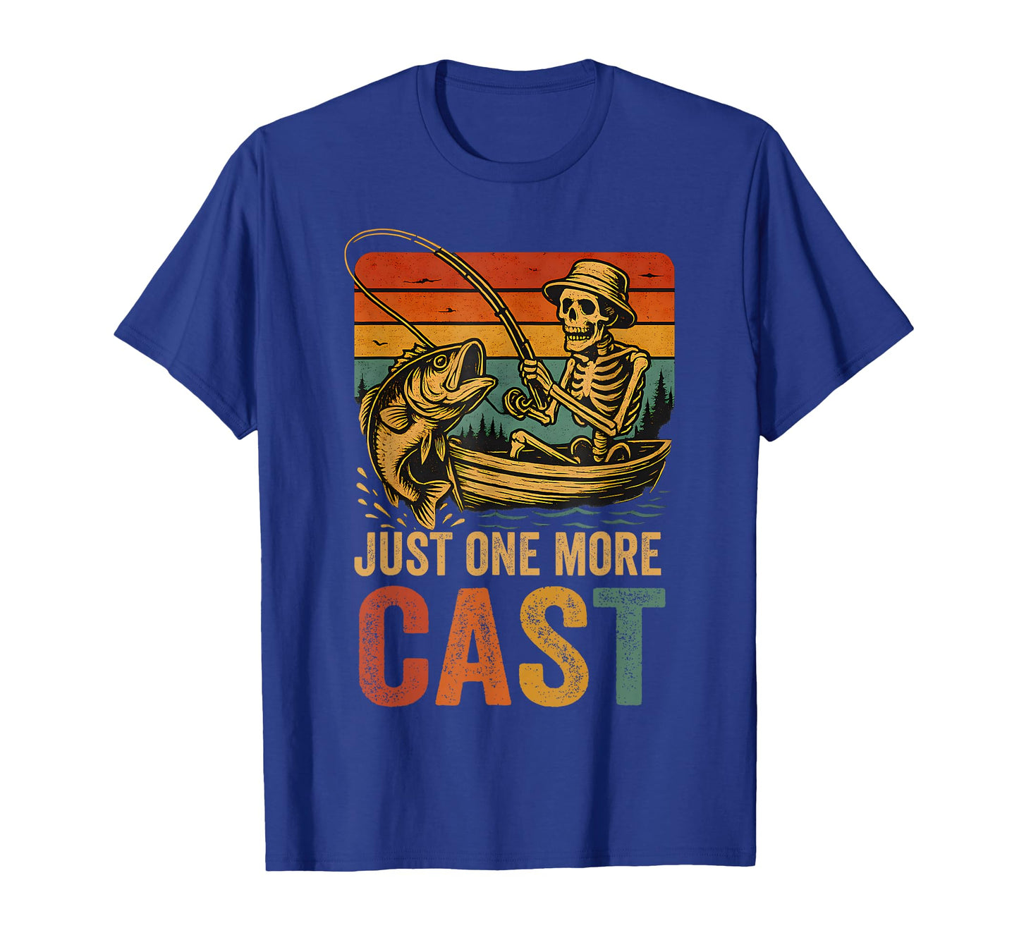 Vintage Just One More Cast Fishing Skeleton Sunset Design T-Shirt