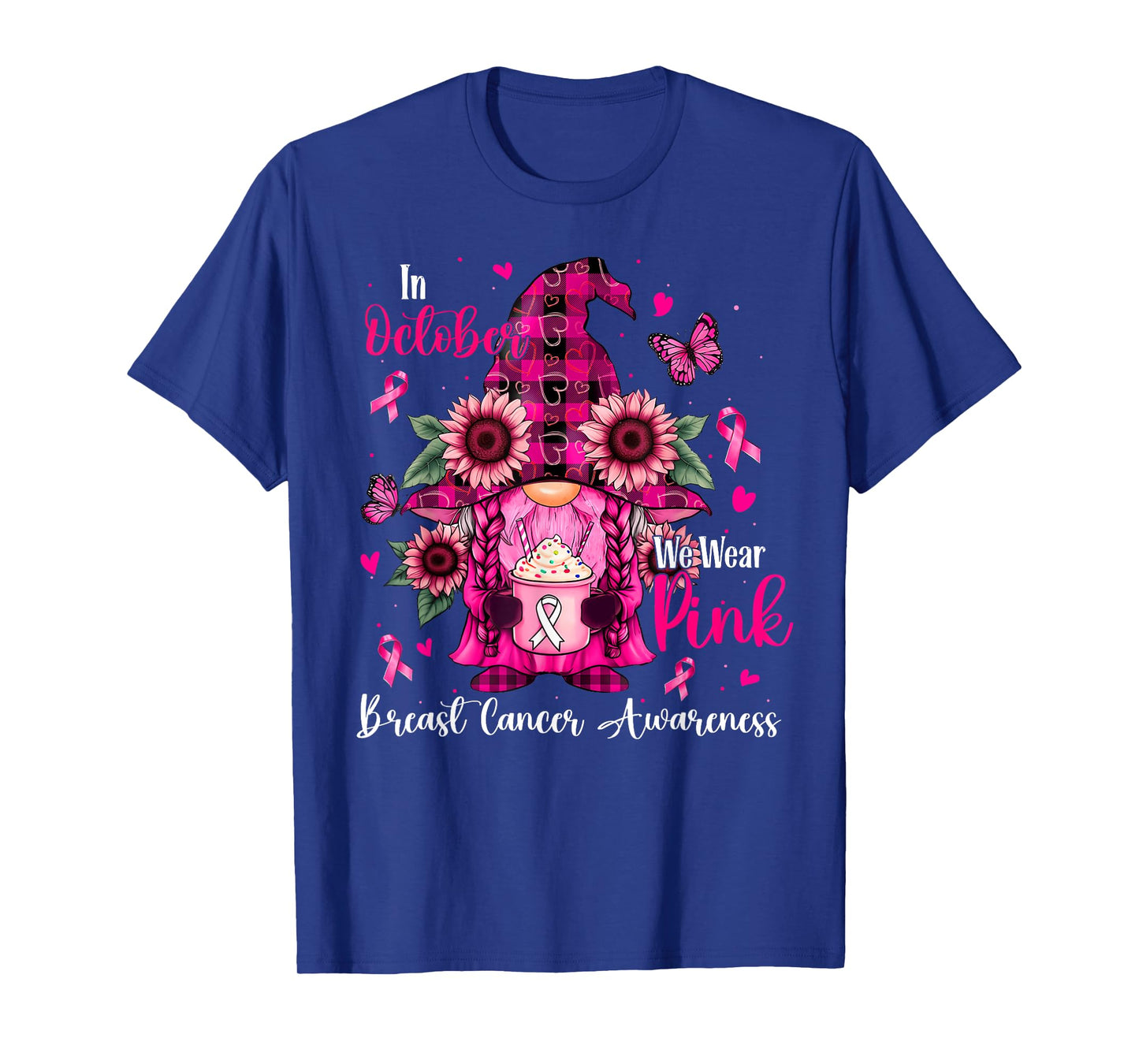 In October We Wear Pink Breast Cancer Awareness Gnome Floral T-Shirt