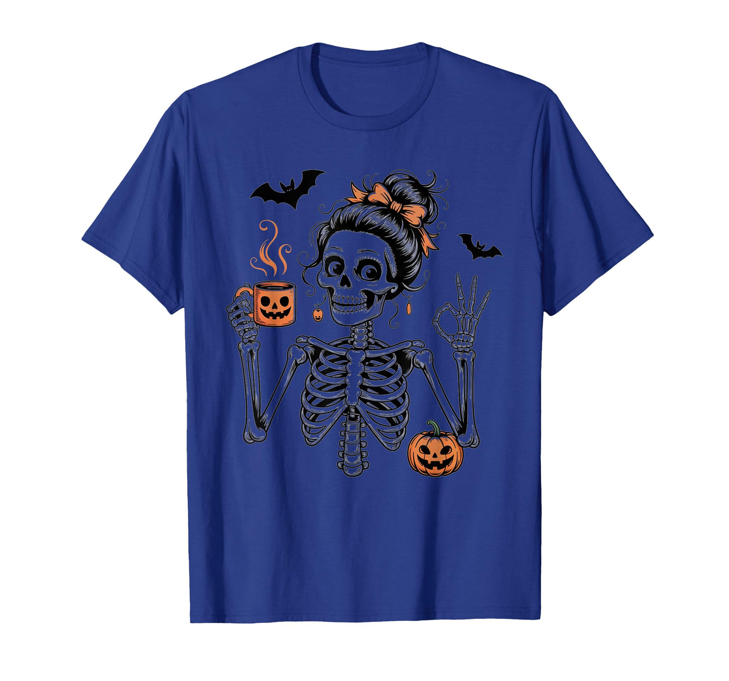 Halloween Skeleton Messy Bun Coffee Pumpkin Bat Costume Mom T-Shirt