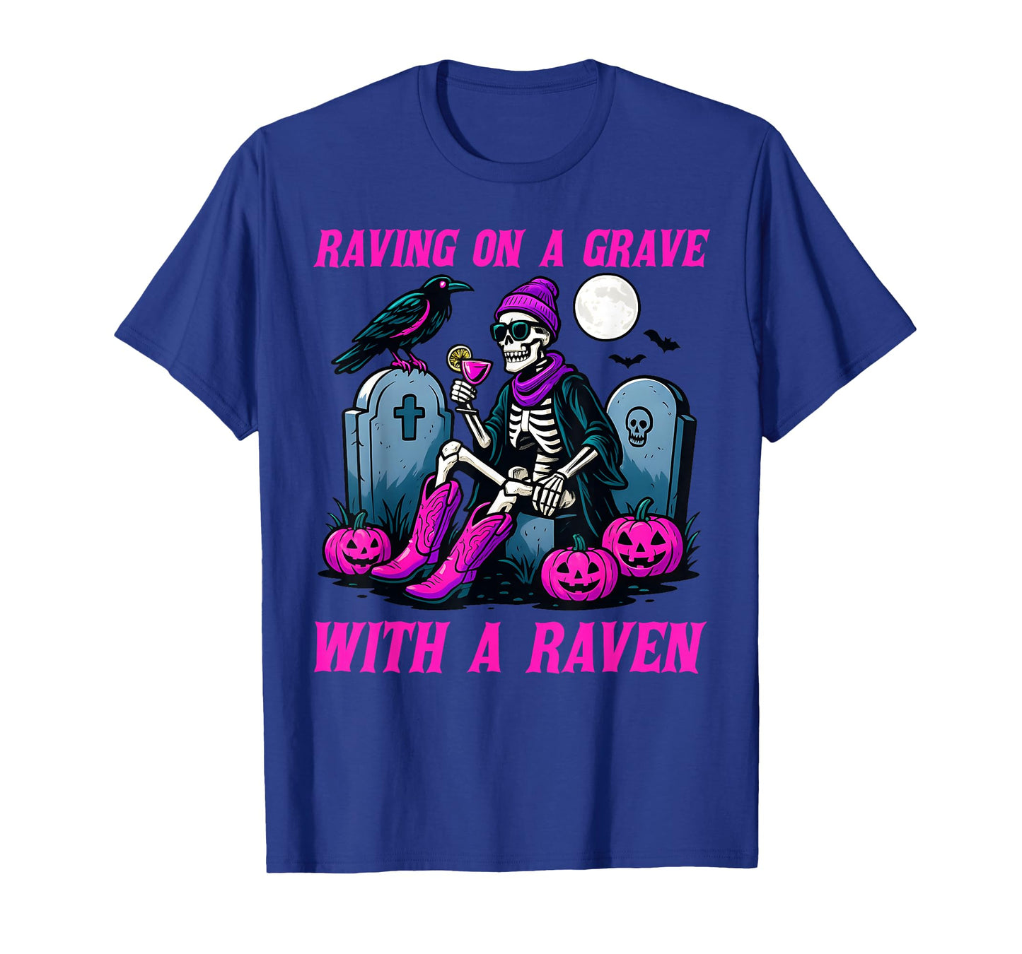 Raving on a Grave with a Raven Halloween Skeleton Party T-Shirt