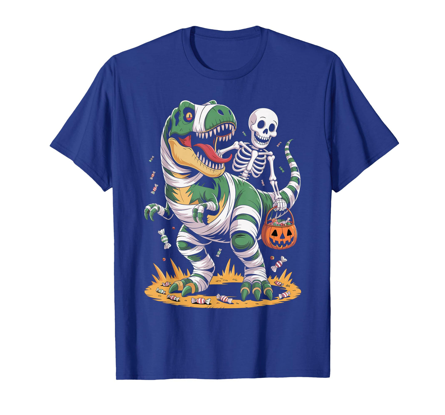 Halloween T-Rex and Skeleton Trick Candy Art T-Shirt