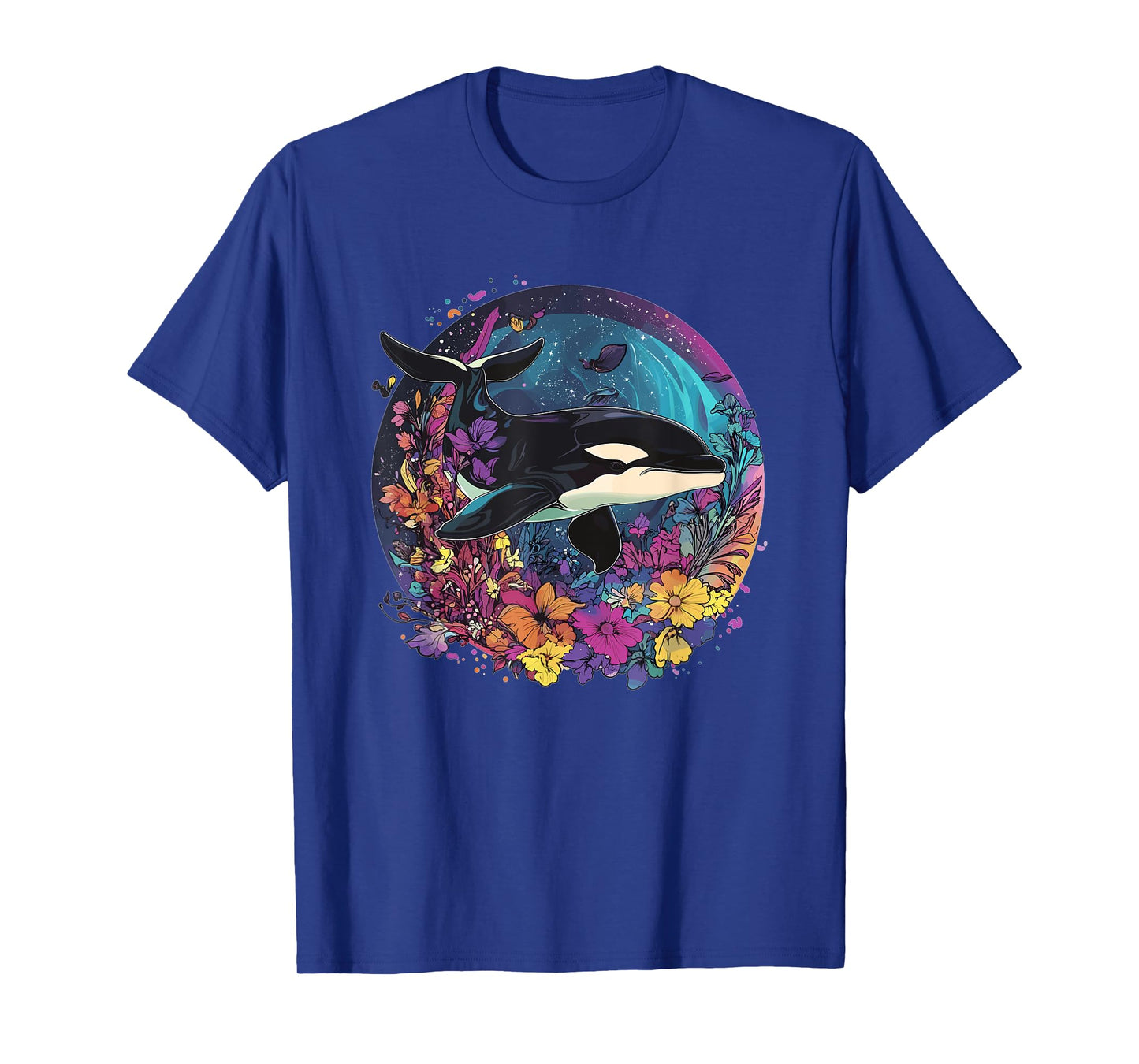 Orca Whale Surrounded By Vibrant Flowers T-Shirt