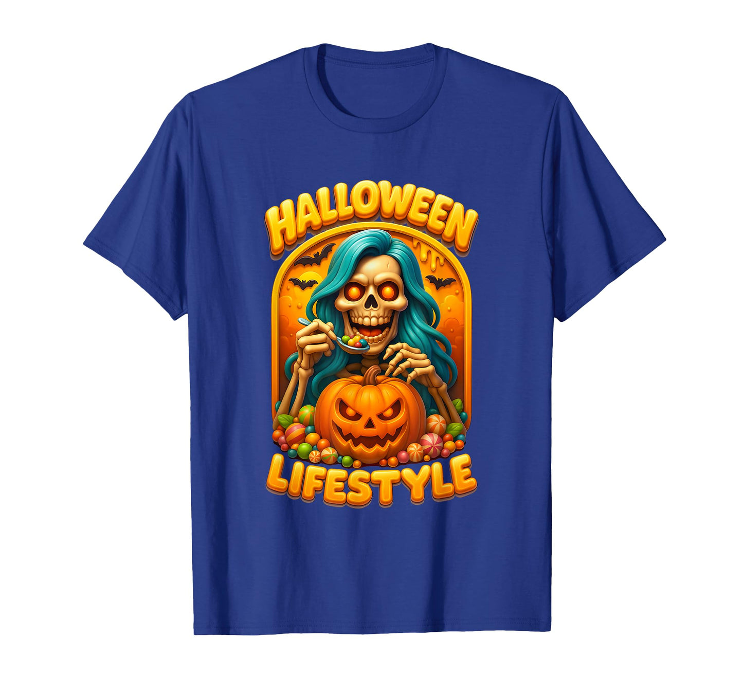 Halloween Lifestyle Skeleton Woman Eating Candy Pumpkin T-Shirt