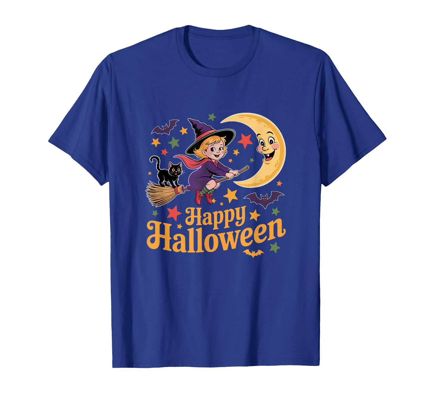 Happy Halloween Moon Cute Witch On Broomstick Cat Bats Lover T-Shirt
