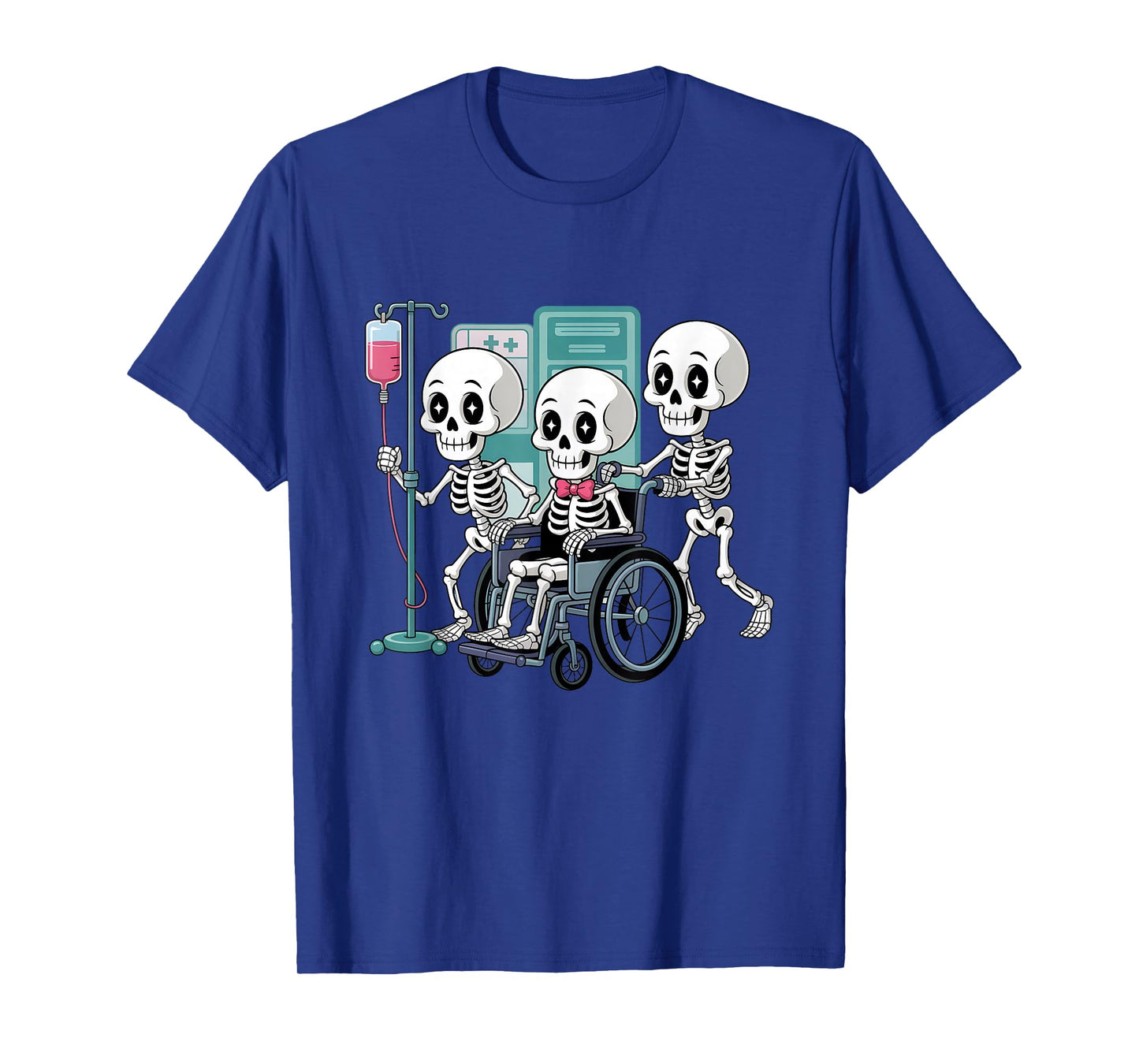 Skeletons in Hospital Wheelchair Halloween Medical Nurse T-Shirt