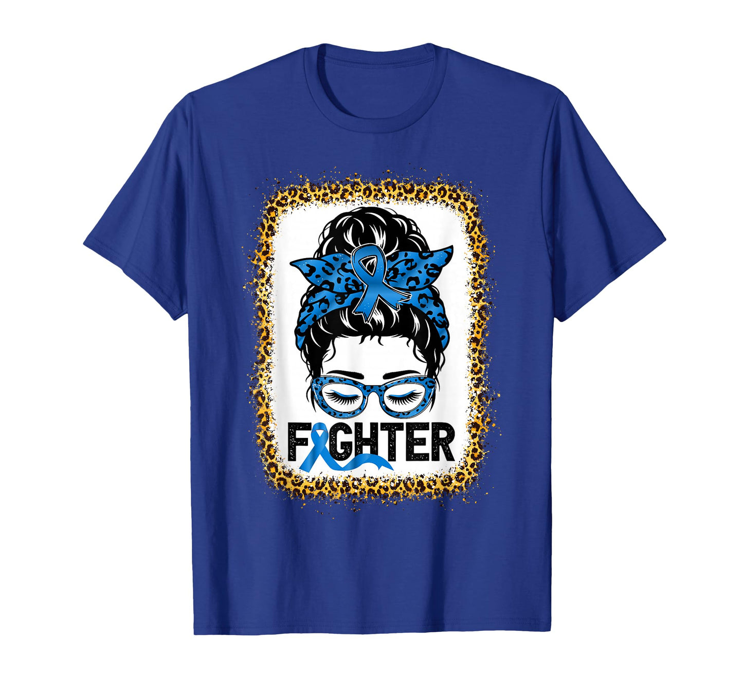 Fighter Messy bun Colon Cancer Awareness Leopard Bleached T-Shirt
