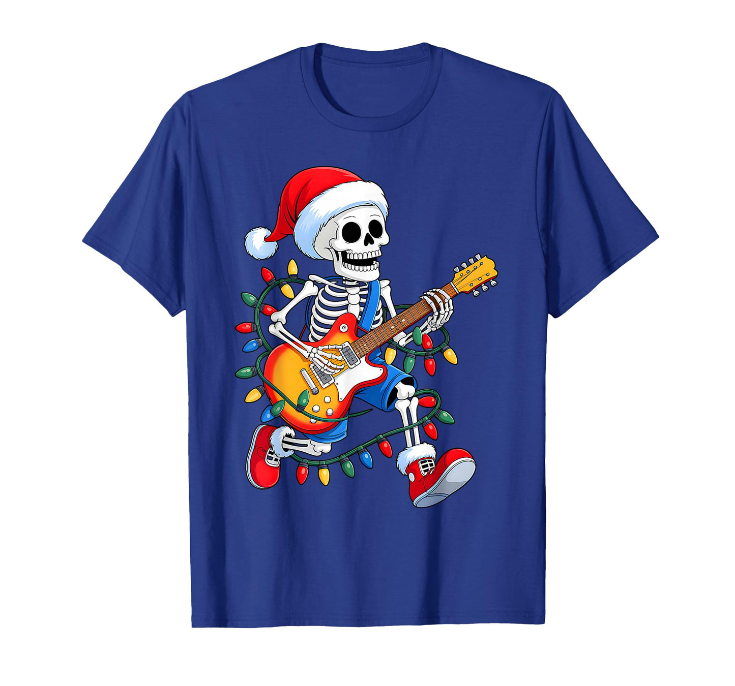 Xmas Santa Skeleton Playing Guitar Rock Funny Christmas T-Shirt
