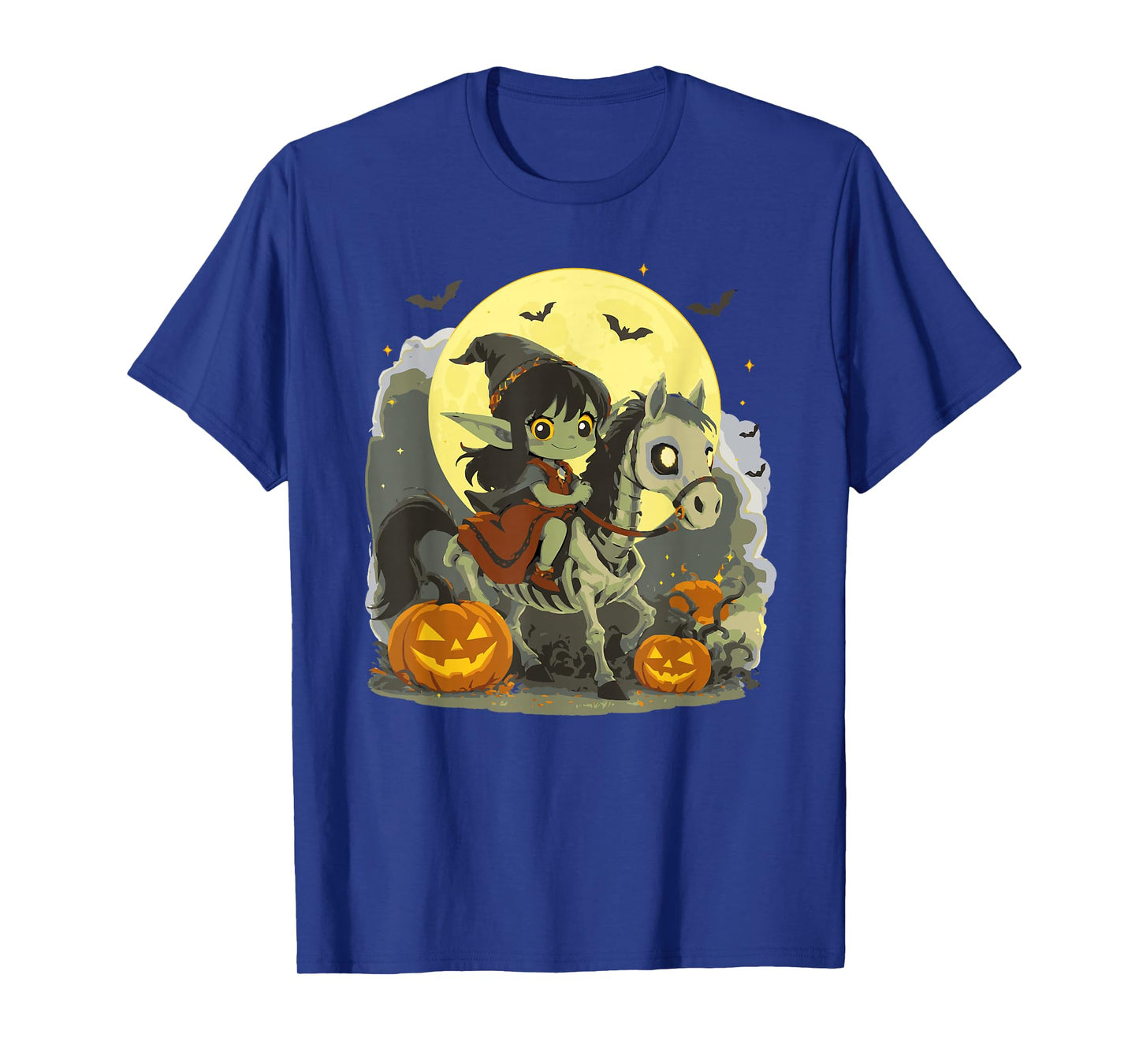 Halloween Girl Dark Elf Goblin Troll Riding Horse Skeleton T-Shirt