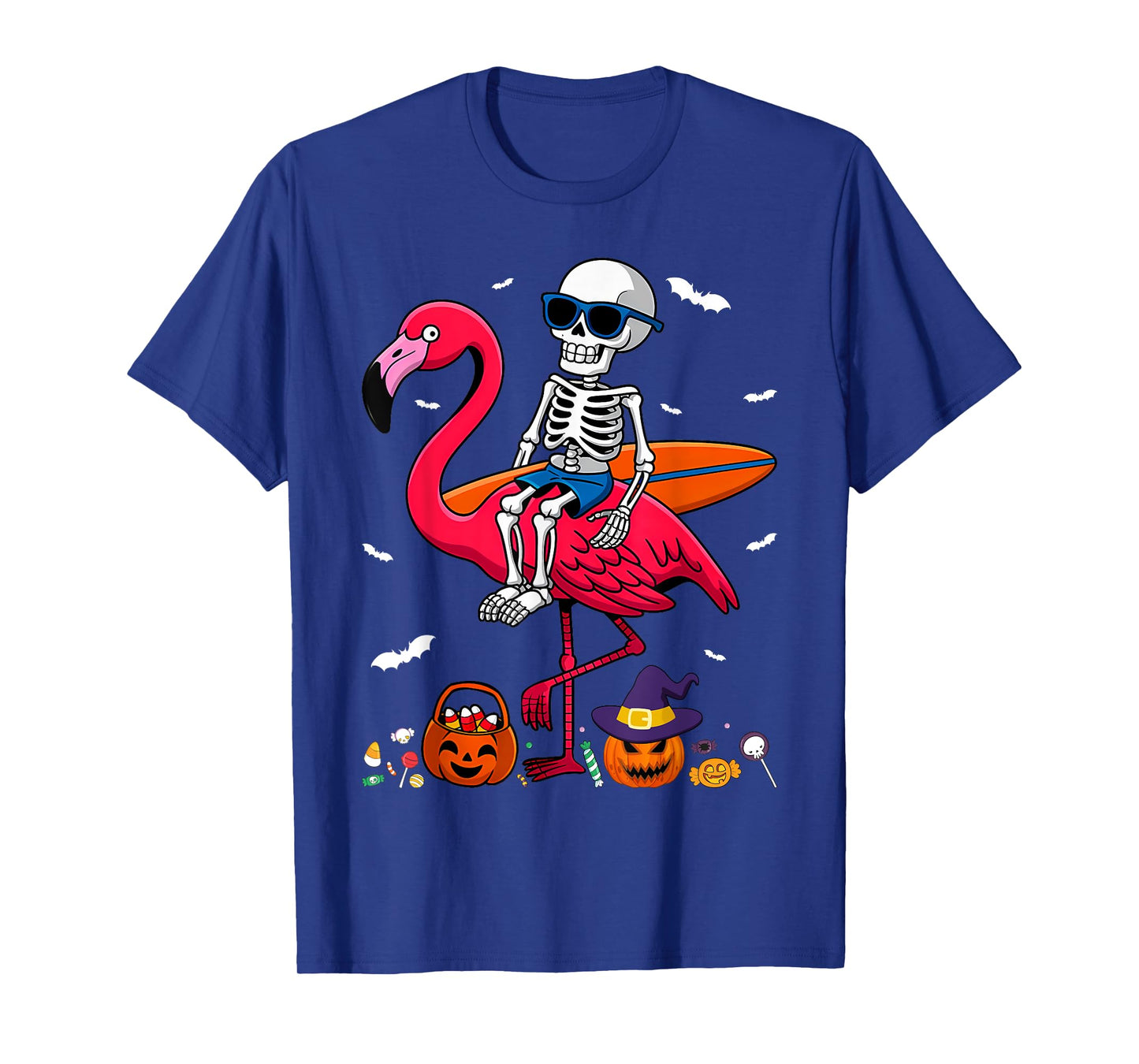 Surfing Skeleton Riding Flamingo Halloween Surfer T-Shirt