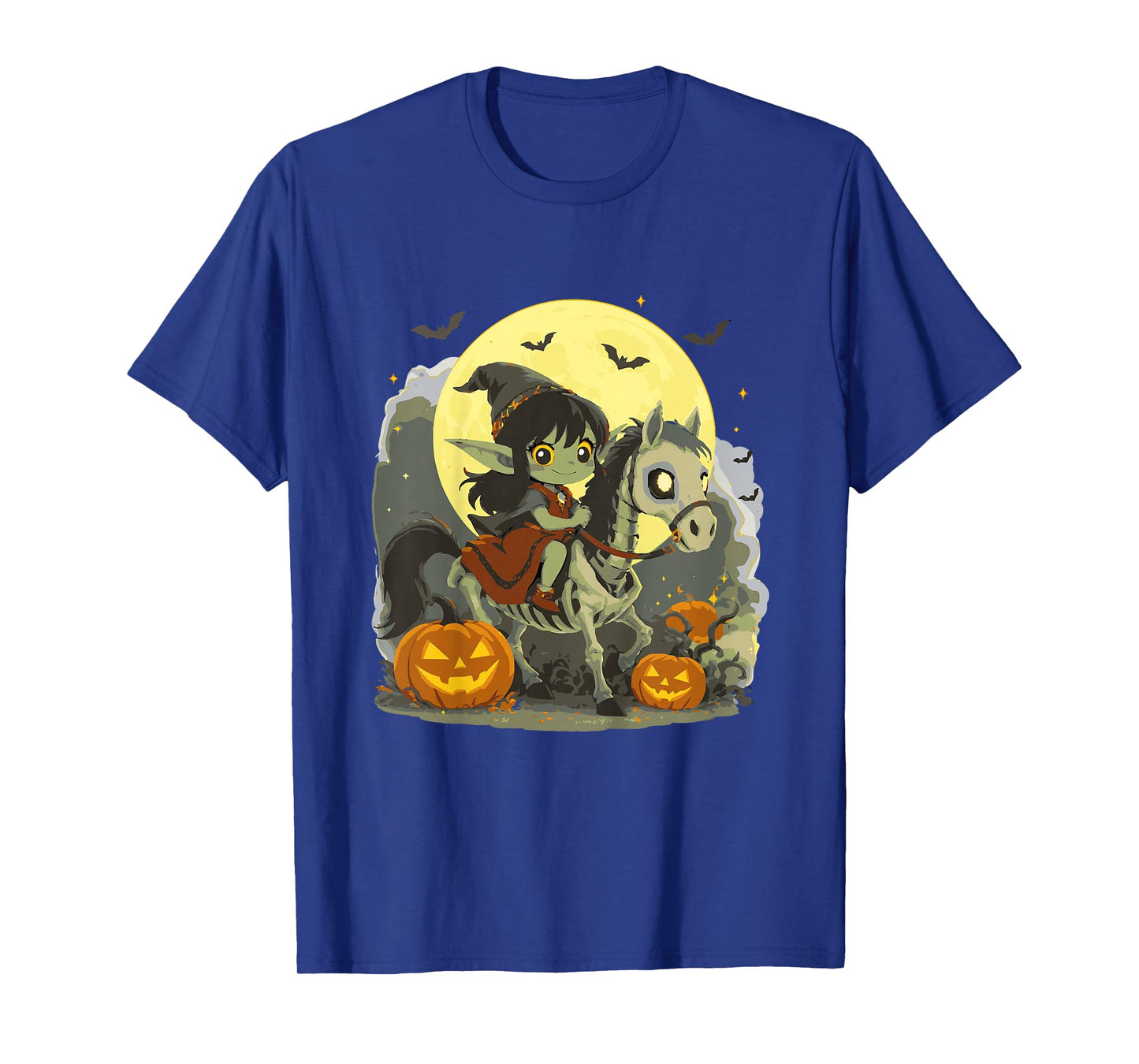 Halloween Girl Dark Elf Goblin Troll Riding Horse Skeleton T-Shirt