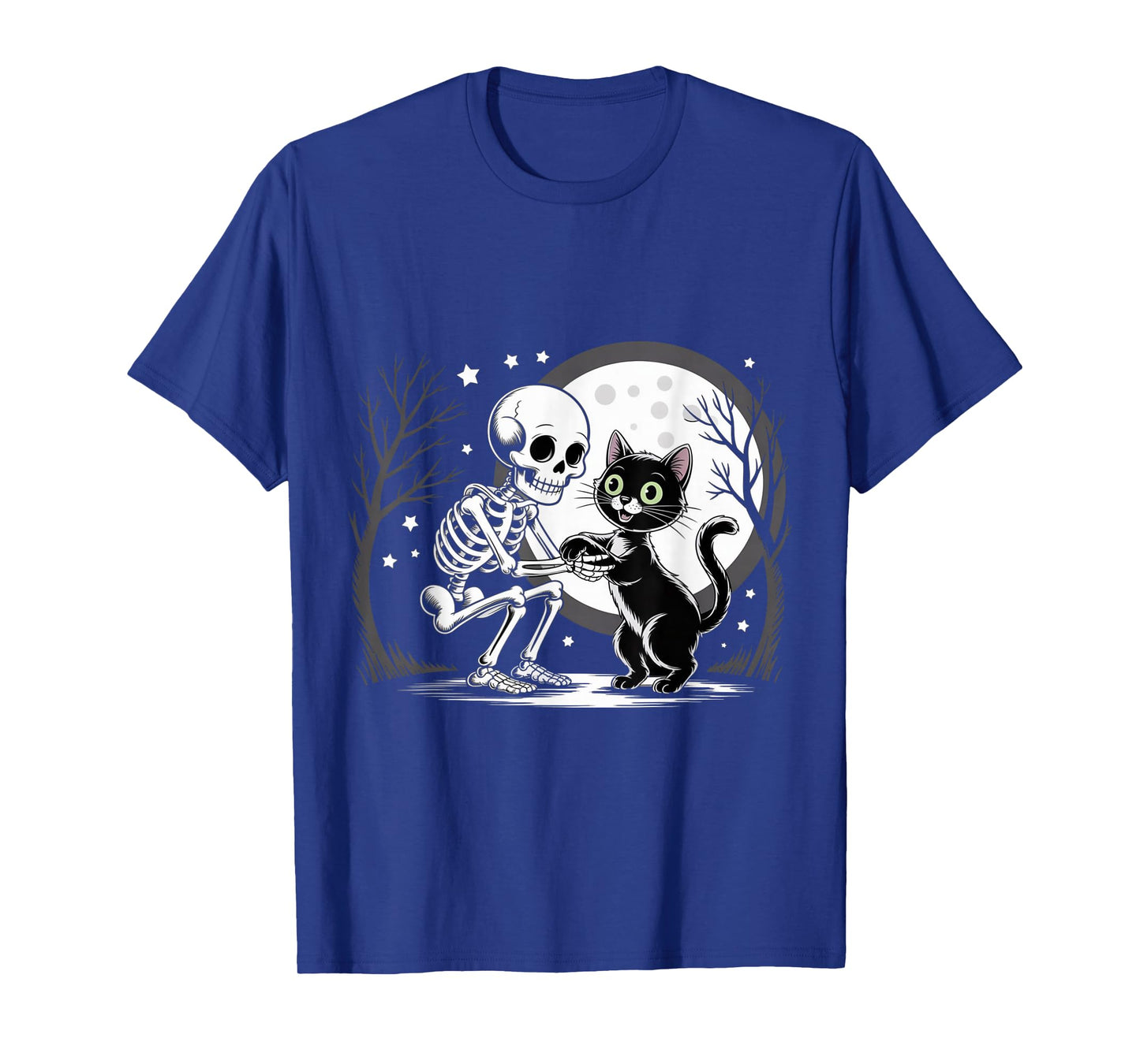 Skeleton Hugging Black Cat Under Full Moon Halloween T-Shirt