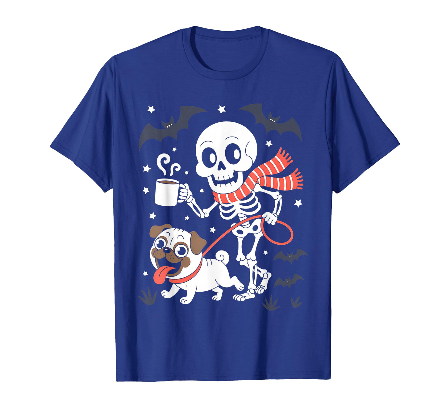 Skeleton Walking Pug Coffee Lovers Funny Halloween T-Shirt