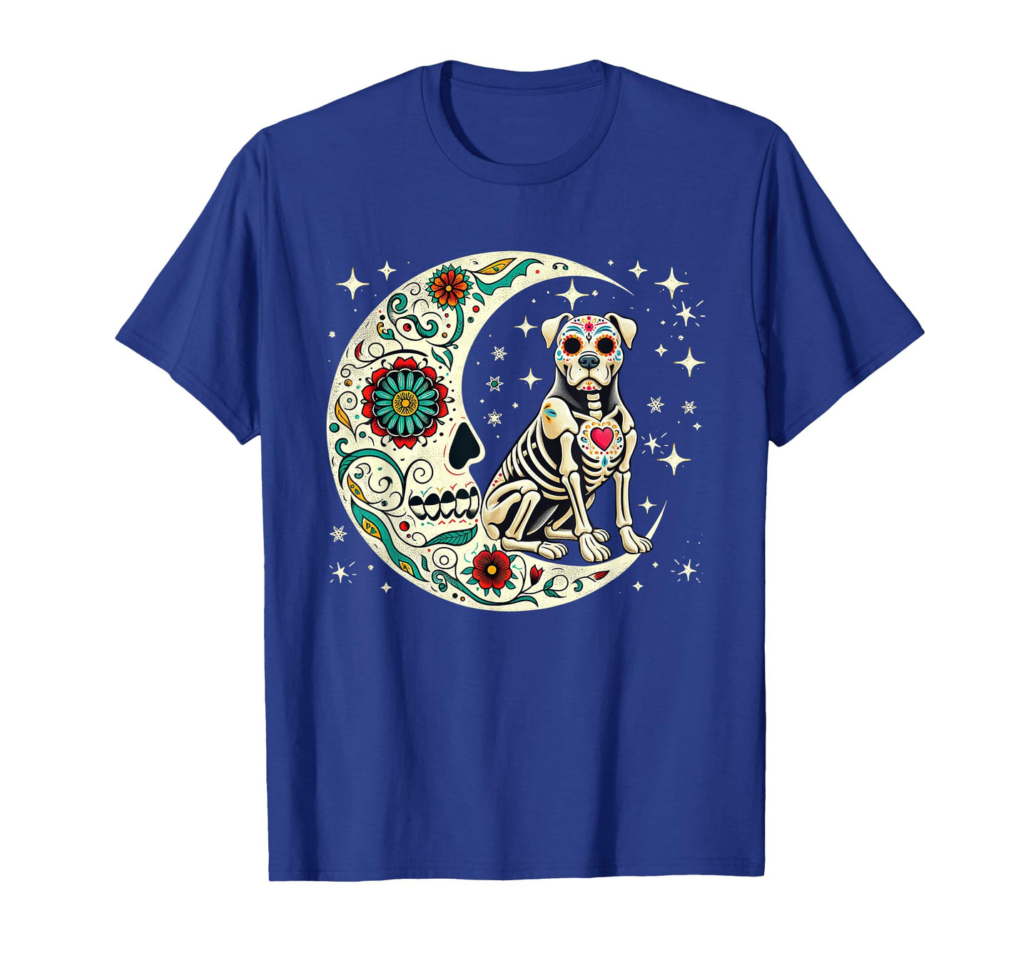 Dia De Los Muertos Halloween Moon Floral Skeleton Pit Bull T-Shirt