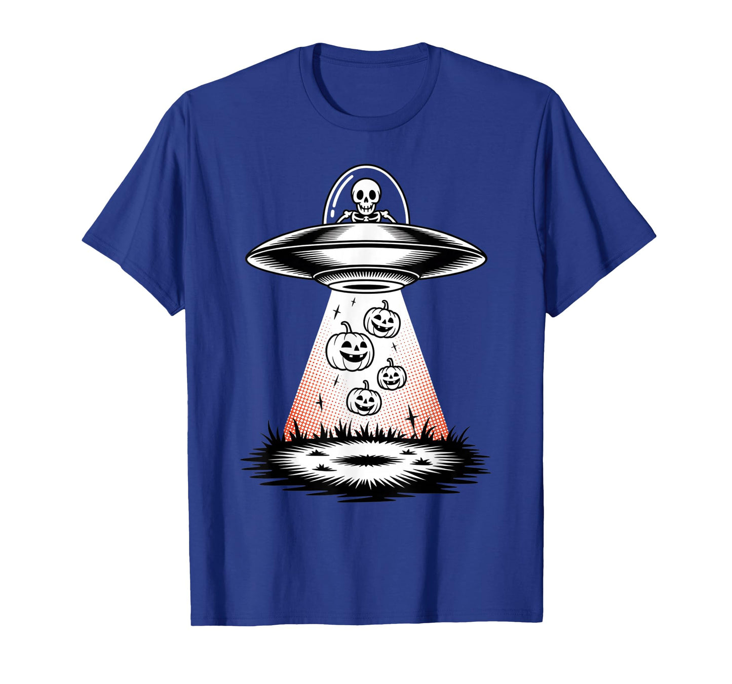 Funny Halloween UFO Skeleton Beaming Up Pumpkins Vintage T-Shirt