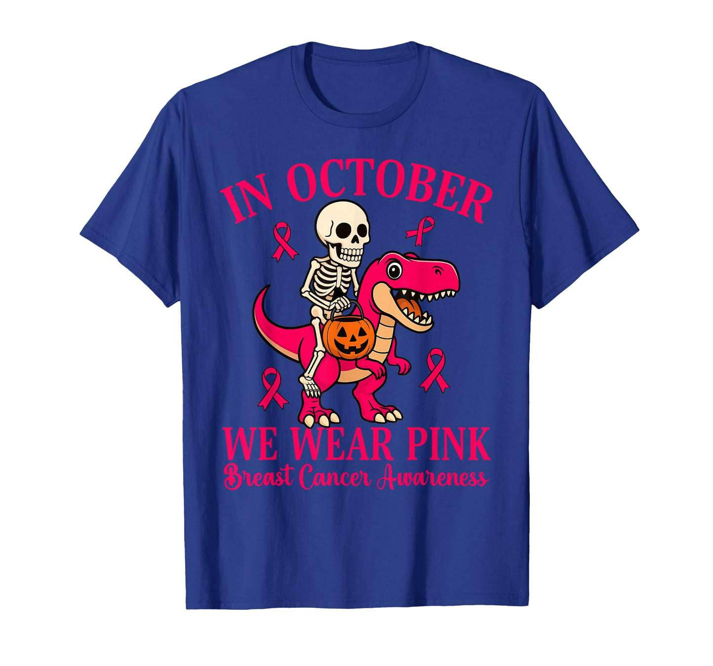 Skeleton Riding Dinosaur T rex Halloween Breast Cancer T-Shirt