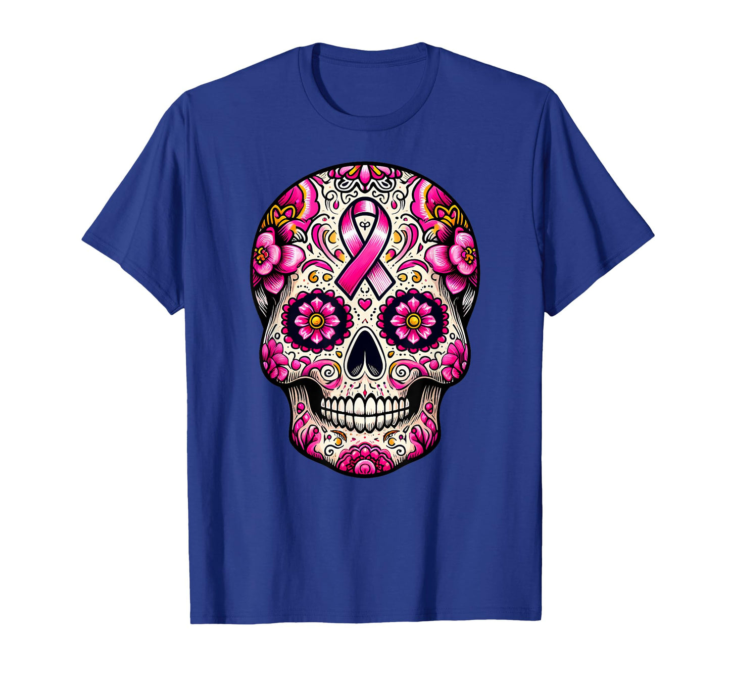 Sugar Skull Pink Ribbon Calavera Breast Cancer Awareness T-Shirt
