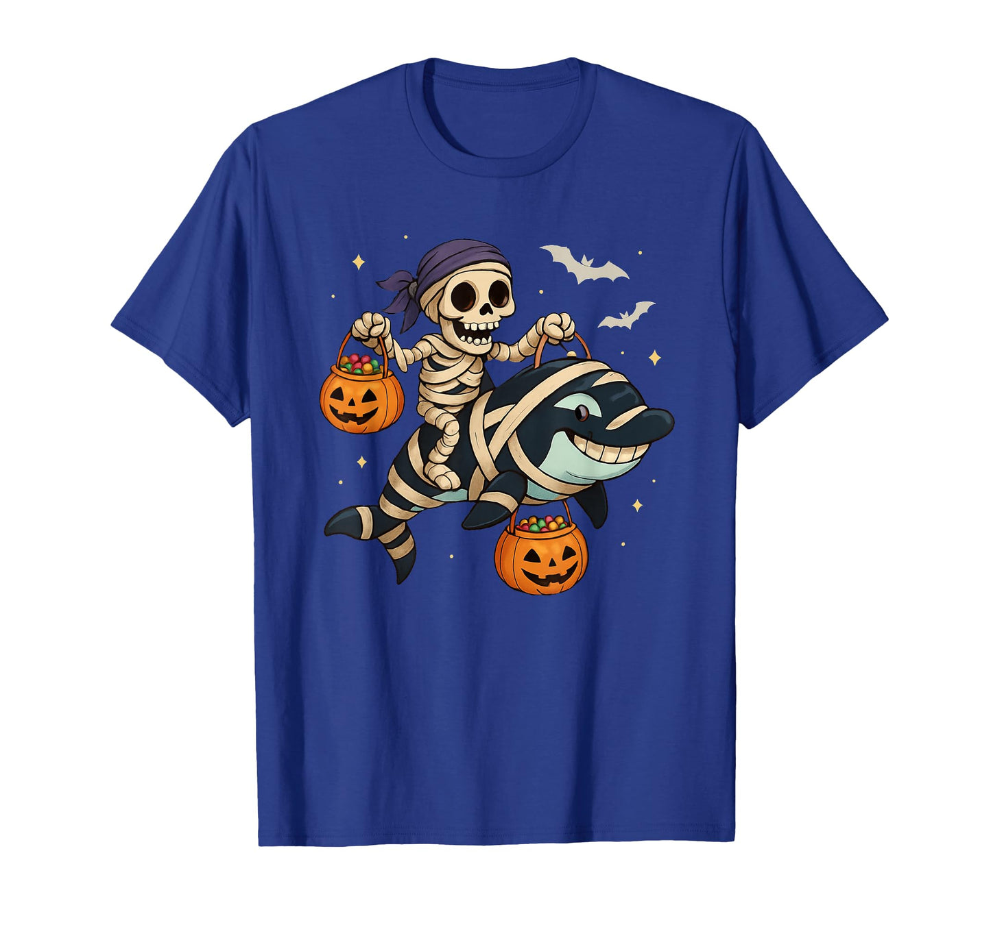 Skeleton Riding Mummy Orca Halloween Candy Whale T-Shirt