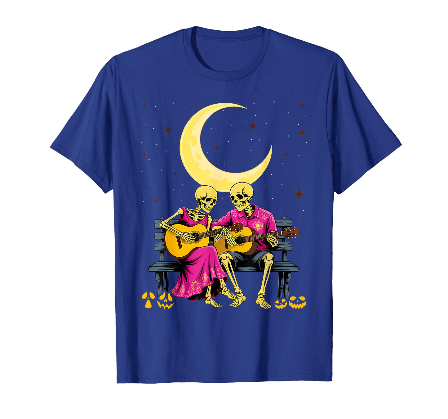 Skeleton Couple Playing Guitar on Moon Swing Halloween T-Shirt