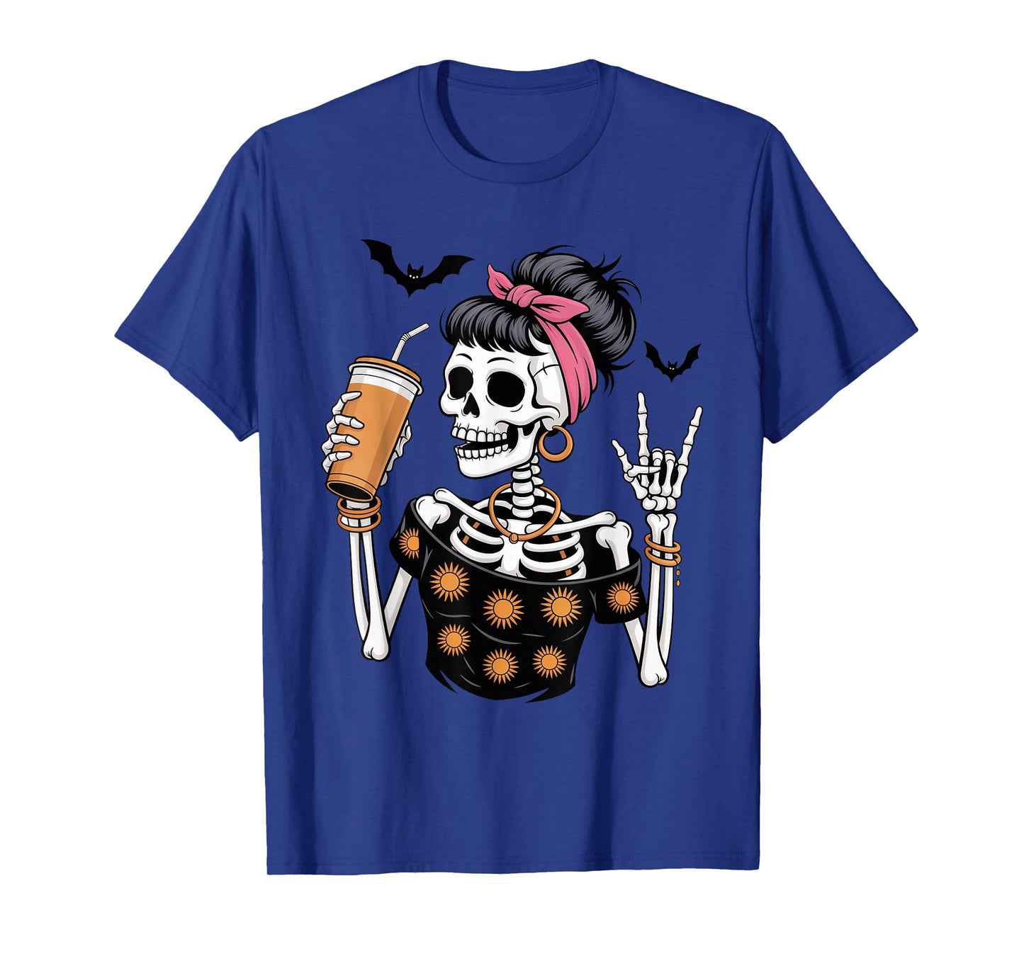 Skeleton Girl Drinking Coffee Peace Sign Graphic for Women T-Shirt