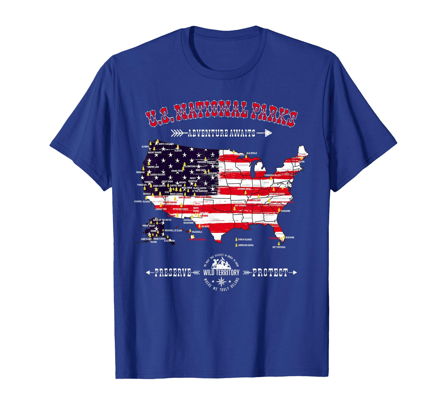 63 National Parks Map - Vintage American Flag Hiking Camping T-Shirt