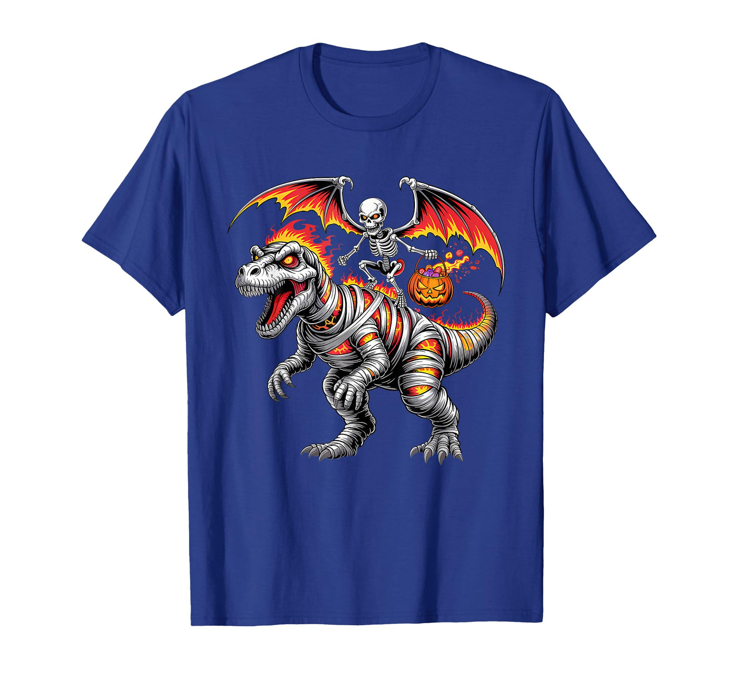 Skeleton Riding Mummy Dinosaur T Rex Kids Boys Men Halloween T-Shirt