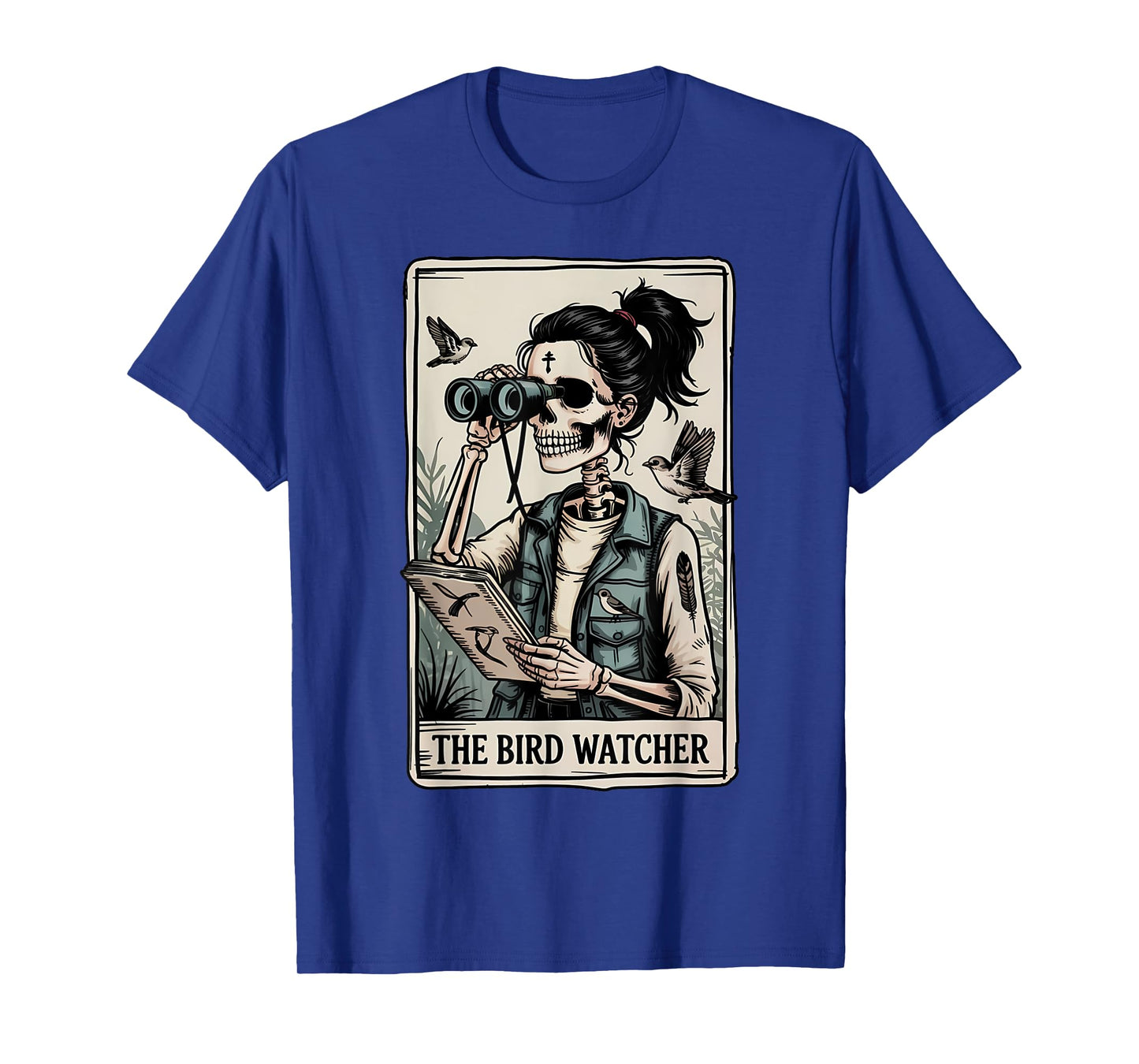 Funny Skeleton Bird Watcher Tarot Card Camping Nature Lover T-Shirt