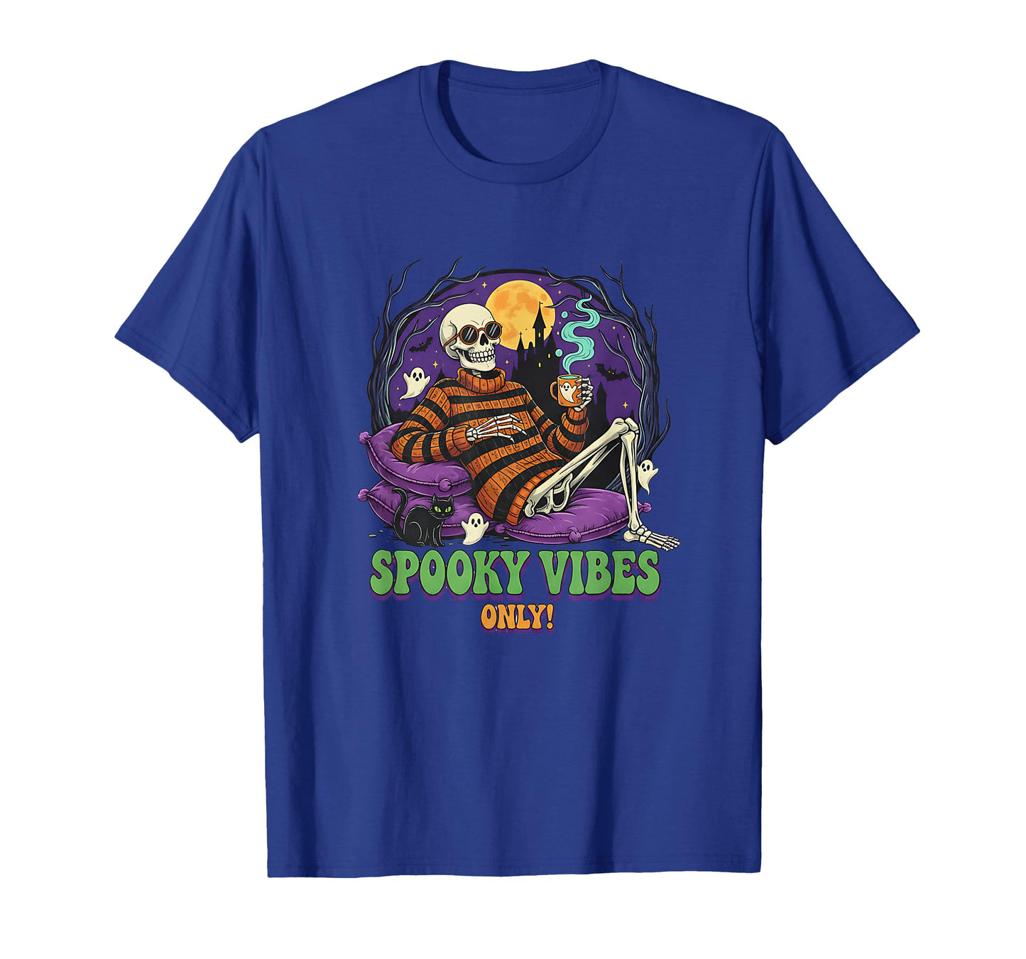 Funny Skeleton Spooky Vibes Only Halloween Retro Graphic T-Shirt