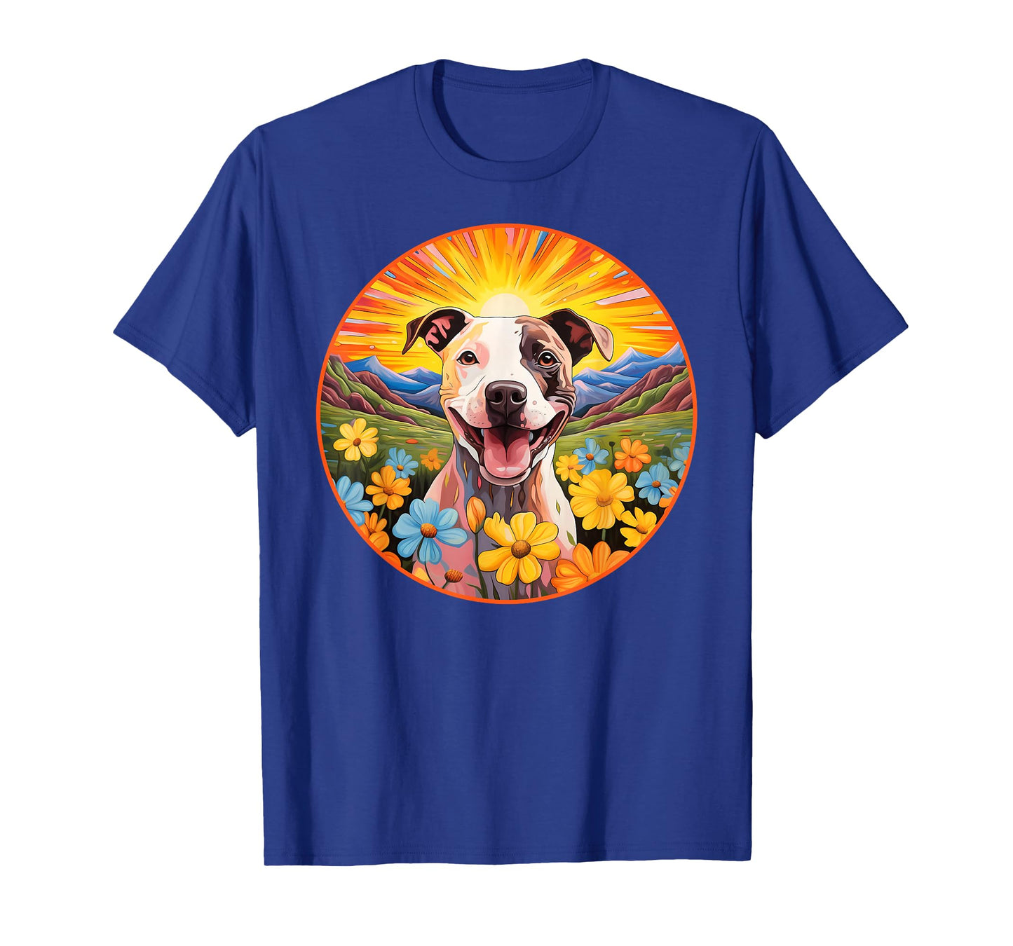 Cute Pitbull Colorful Flower Mountain Sunset Puppy Dog T-Shirt