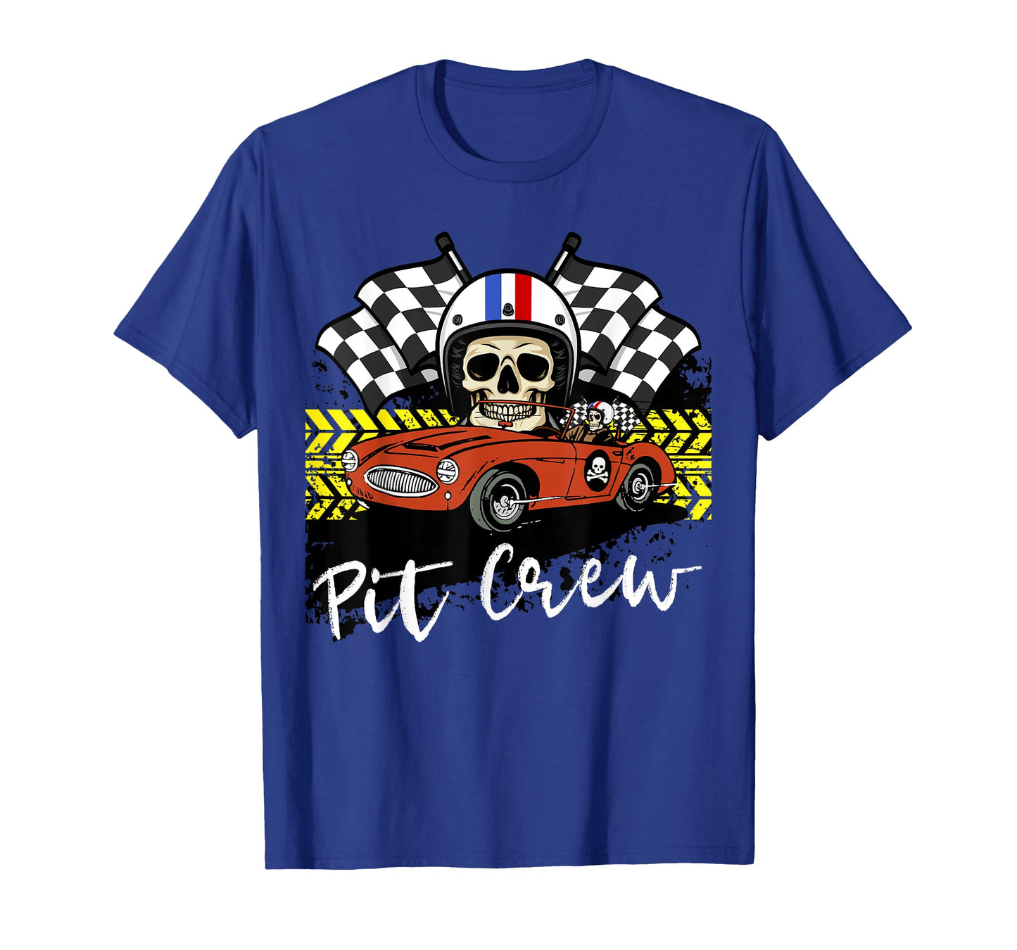 Skull Pit Crew Race car Skeleton Checkered Flag Halloween T-Shirt